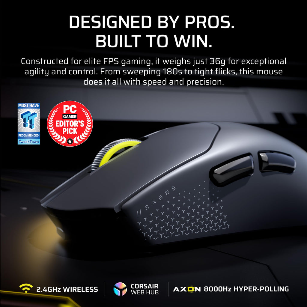 Corsair Sabre v2 PRO Ultralight Wireless FPS Gaming Mouse - 33,000 DPI, Weight 36 g, Hyper-Polling 8000 Hz, Mechanical Switches, Wireless Battery Life Up To 70 Hours