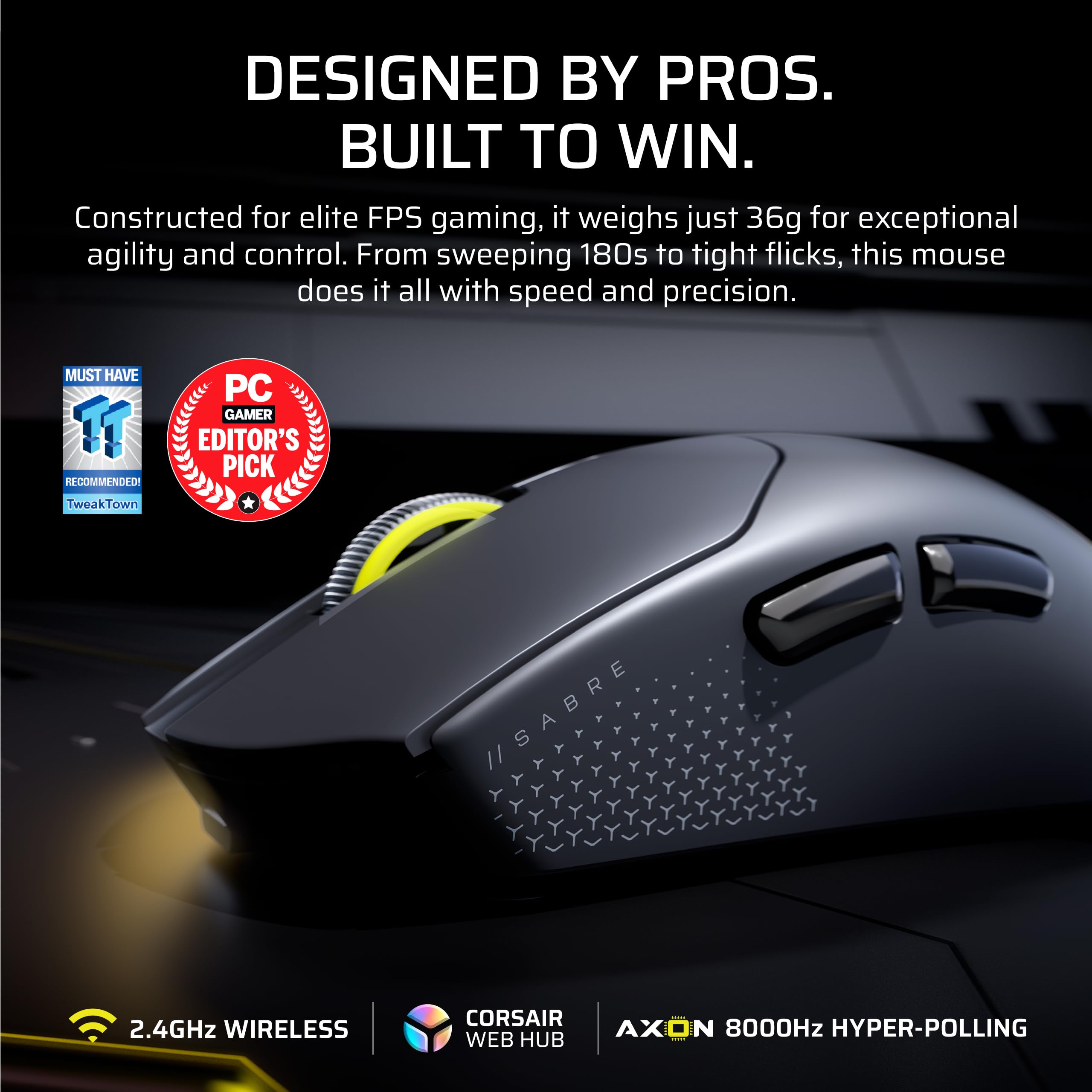 Corsair Sabre v2 PRO Ultralight Wireless FPS Gaming Mouse - 33,000 DPI, Weight 36 g, Hyper-Polling 8000 Hz, Mechanical Switches, Wireless Battery Life Up To 70 Hours