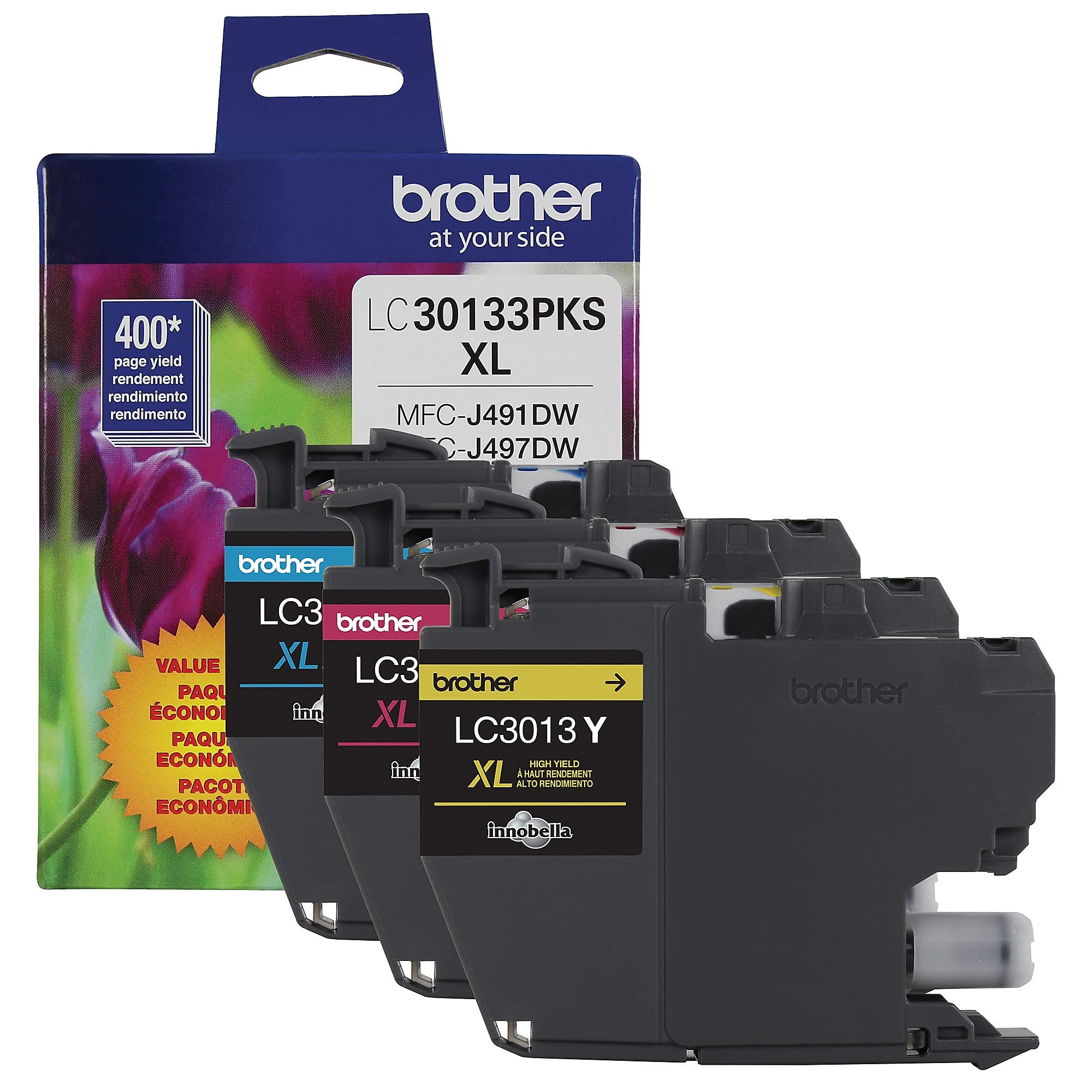 BROTHER Genuine LC30133PKS 3-Pack High Yield Color Ink Cartridges, Page Yield Up to 400 Pages/Cartridge, Includes Cyan, Magenta and Yellow, LC3013