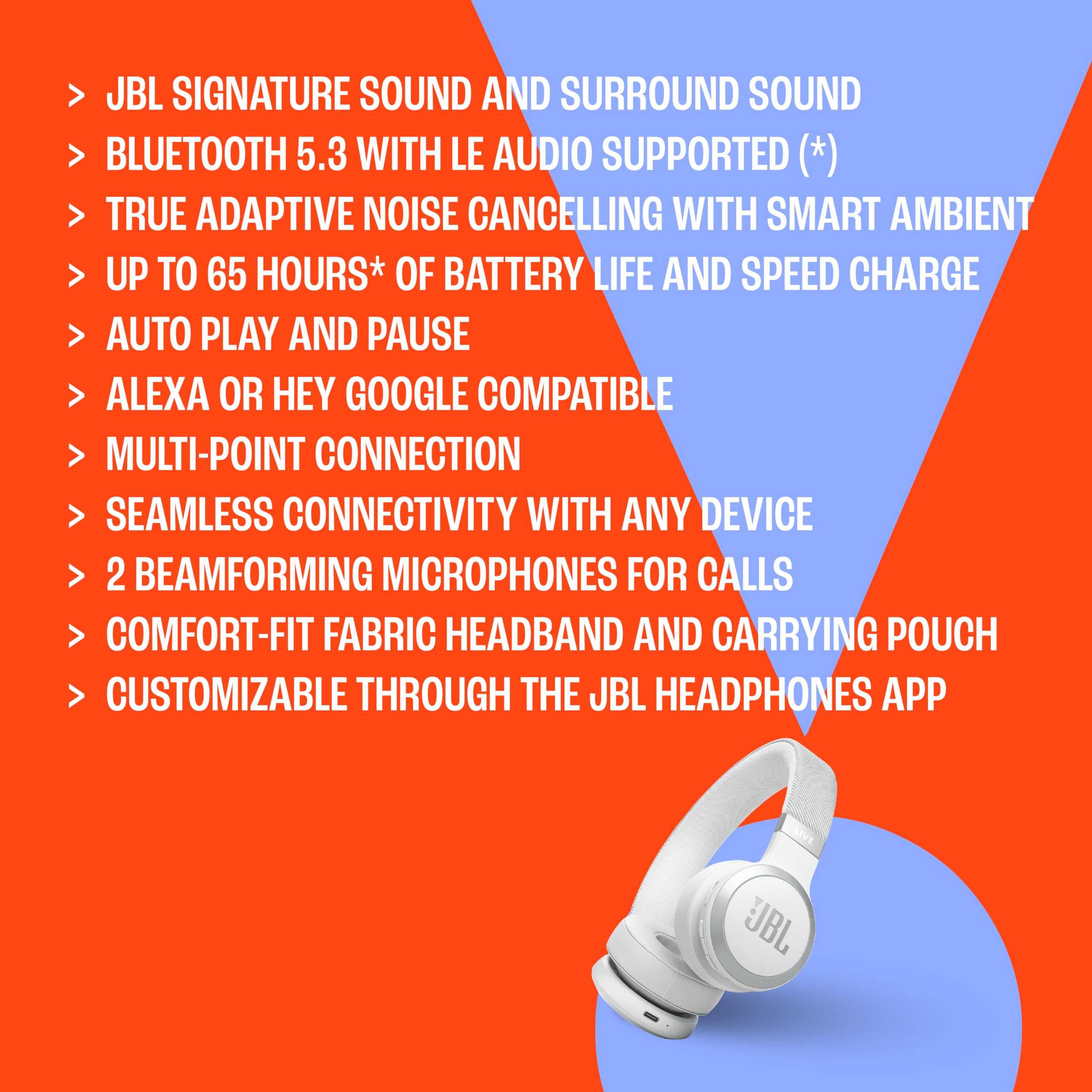 JBL Live 670NC Wireless On-Ear Headphones with Adaptive Noise Cancelling with Smart Ambience, Up to 65 Hours Battery Life with Fast Charging, Lightweight, Comfortable and Foldable (Black)