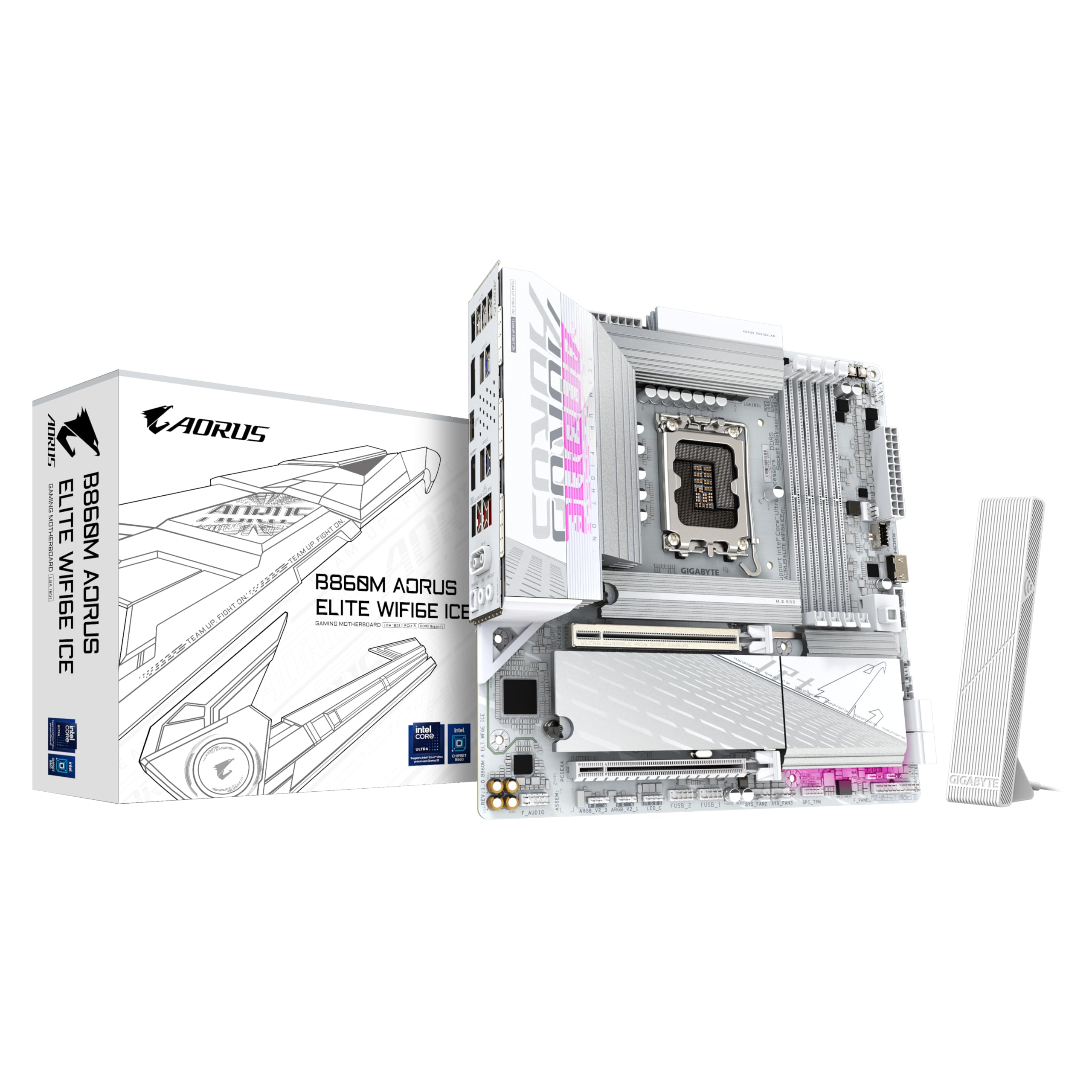 GIGABYTE B860M AORUS Elite WF6E ICE Motherboard - Intel Core Ultra Series CPUs, 12+1+2+1 Phases VRM, up to 9200MHz DDR5, 1xPCIe 5.0 + 2xPCIe 4.0 M.2, 2.5GbE LAN, WiFi 6E, USB 4