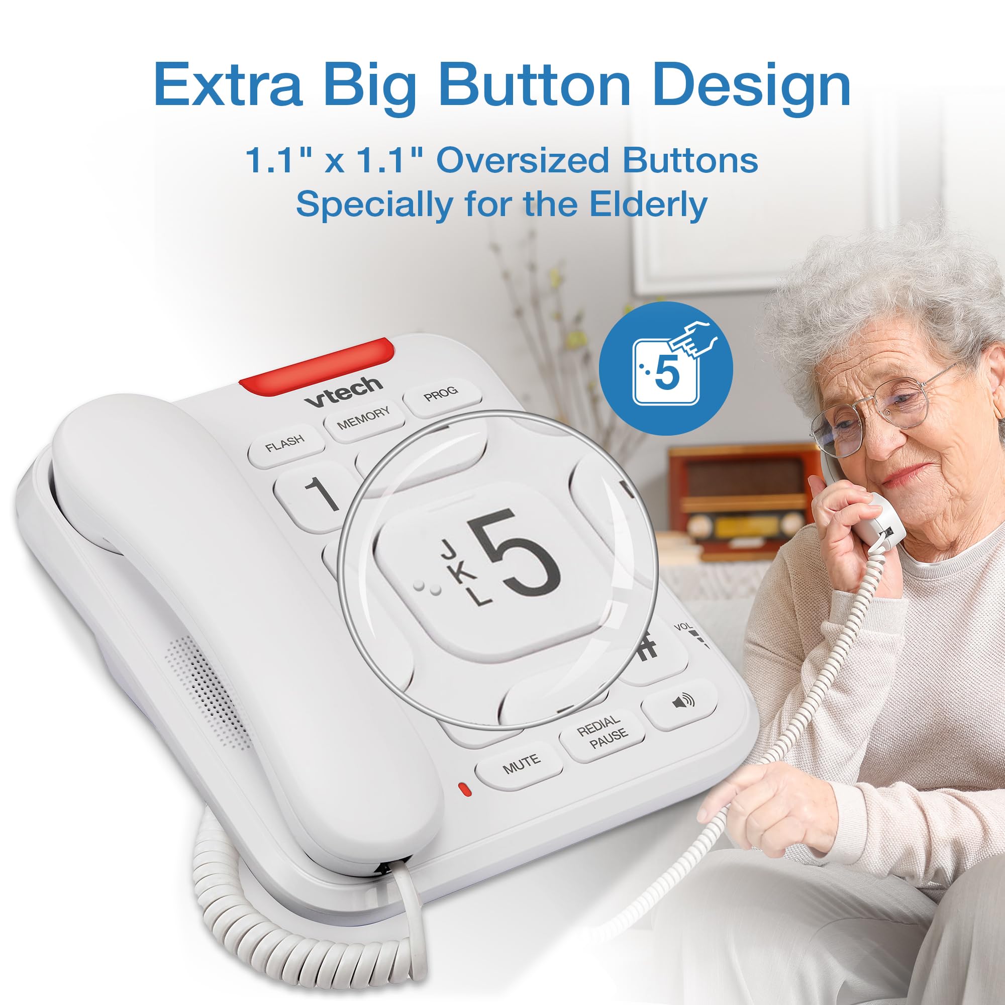 VTech SN1107 Corded Phone with Oversized High-Contrast Buttons, Talking Digits for Seniors, 10 Number Speed Dial, Visual Ringer, Full-Duplex Speakerphone