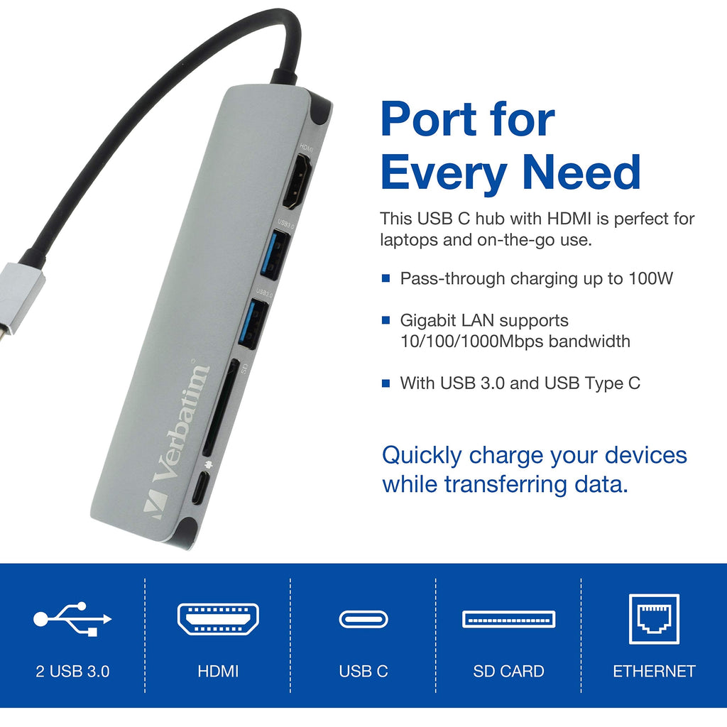 Verbatim 6-in-1 USB C Hub w/Dongle - USB Hub for Laptop w/ 2 USB 3.0, SD Card Reader, 4K HDMI, Ethernet, Compact & Portable USB-C Hub