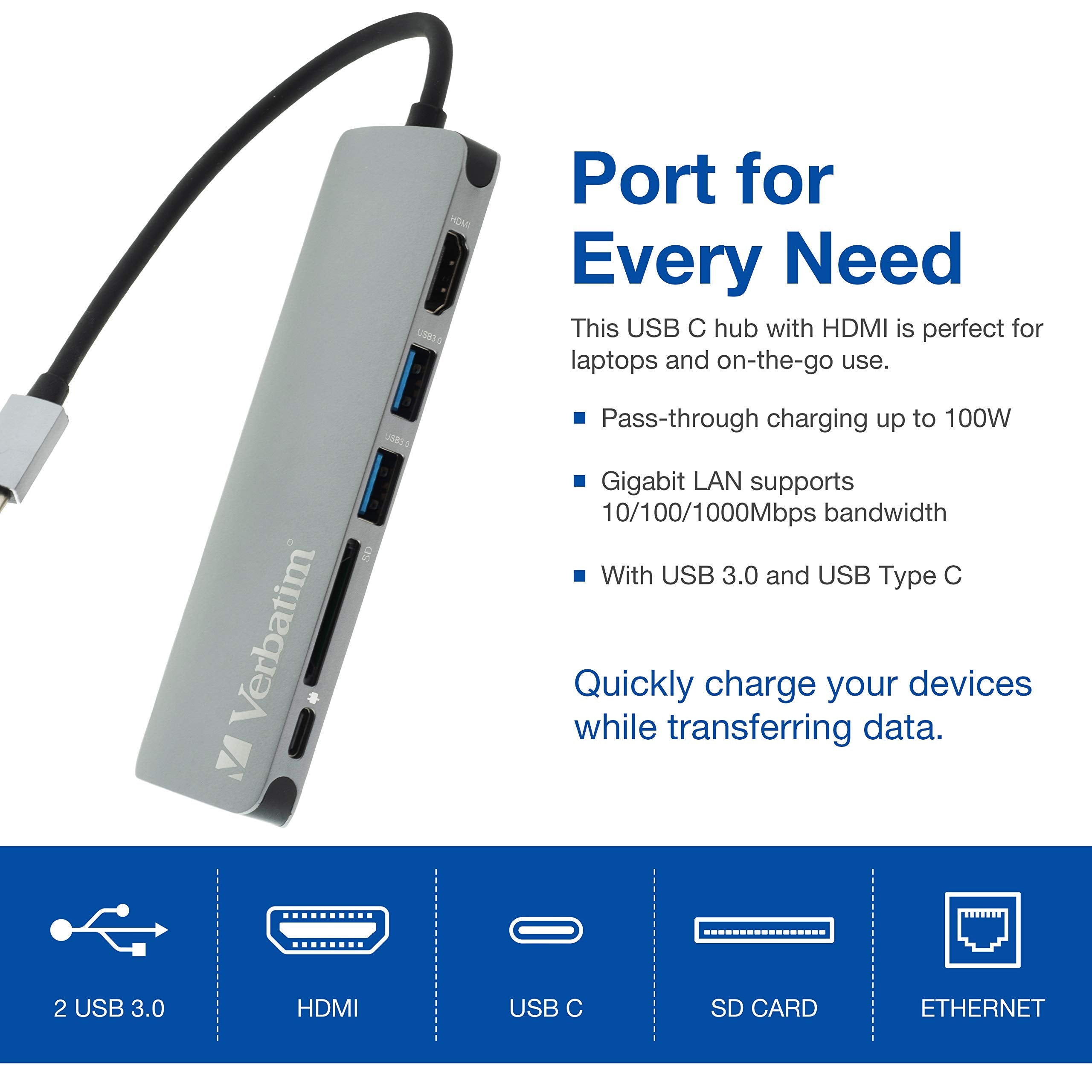 Verbatim 6-in-1 USB C Hub w/Dongle - USB Hub for Laptop w/ 2 USB 3.0, SD Card Reader, 4K HDMI, Ethernet, Compact & Portable USB-C Hub