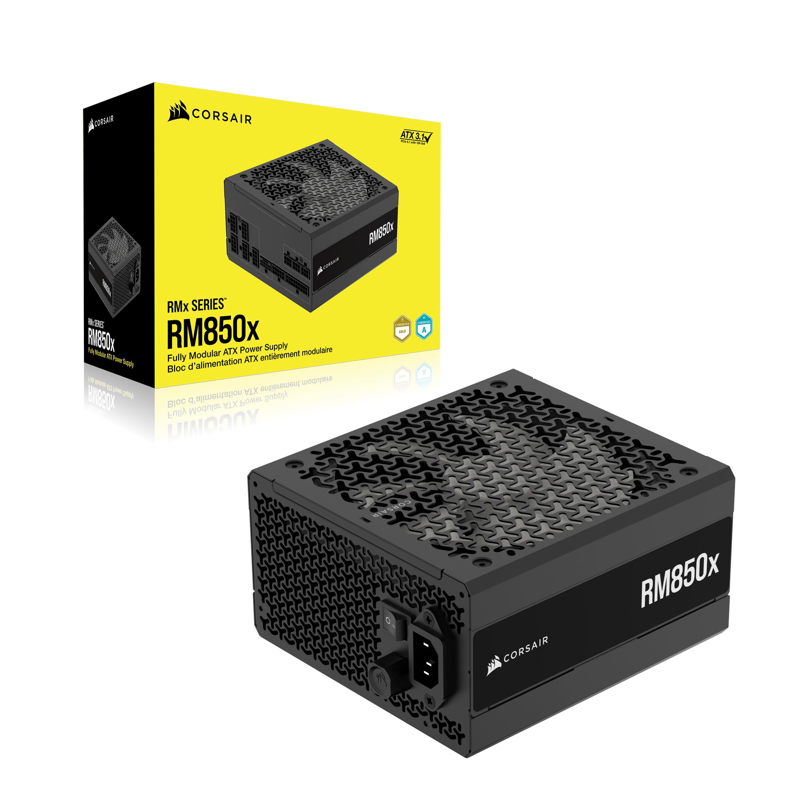 Corsair RM850x ATX 3.1 PCIe 5.1 Ready Fully Modular 850W Power Supply – Low-Noise, Cybenetics Gold Efficiency, Native 12V-2x6 Connector – Black