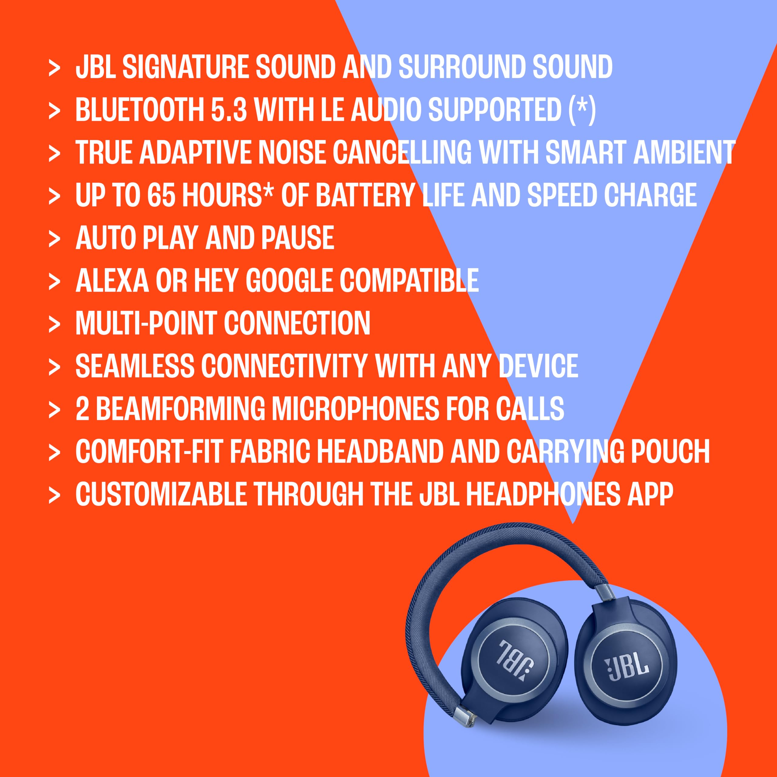 JBL Live 770NC Wireless On-Ear Headphones with Adaptive Noise Cancelling with Smart Ambience, Up to 65 Hours of Playtime, Comfortable Fabric Headband and Carry Pouch