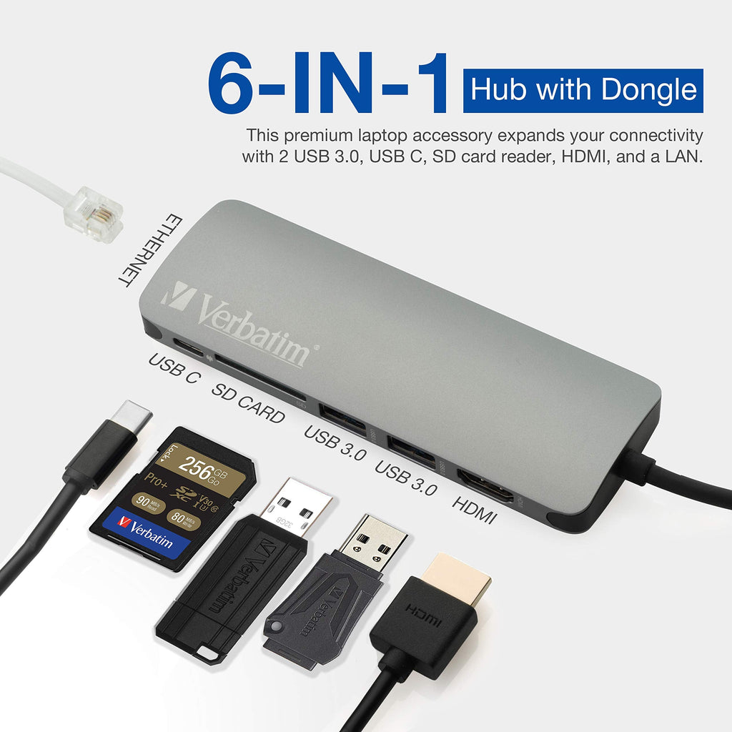 Verbatim 6-in-1 USB C Hub w/Dongle - USB Hub for Laptop w/ 2 USB 3.0, SD Card Reader, 4K HDMI, Ethernet, Compact & Portable USB-C Hub