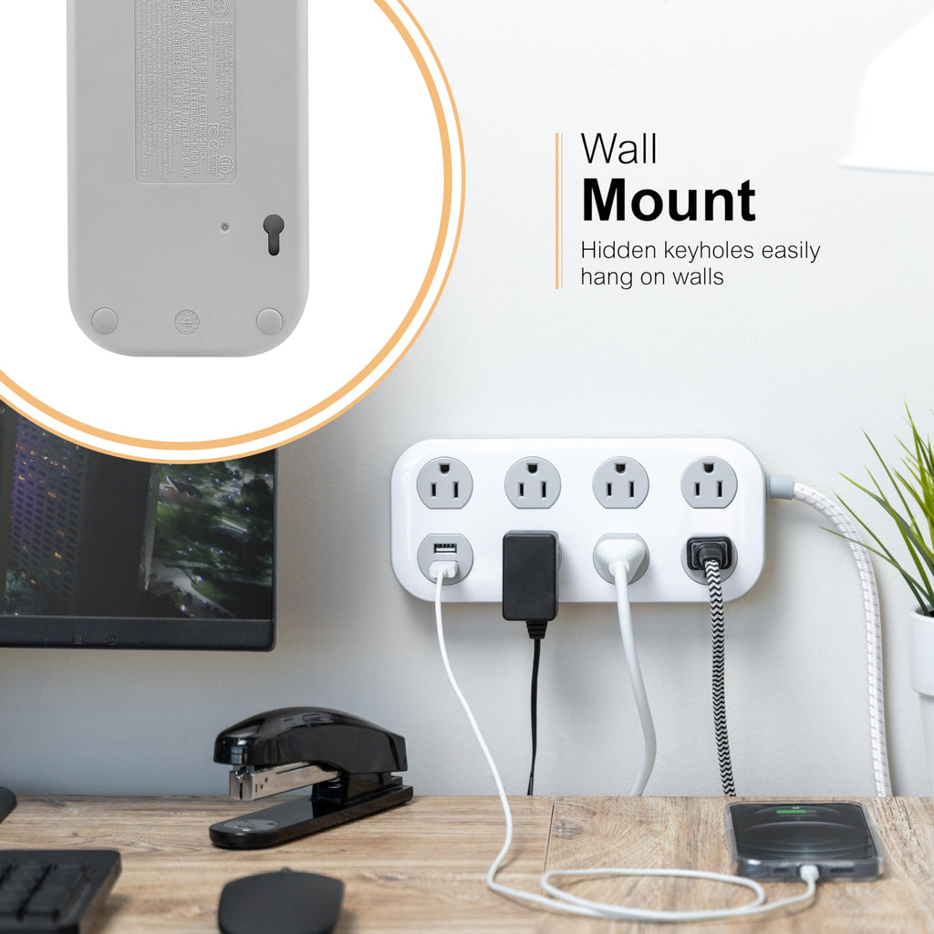 GE 7-Outlet Surge Protector Power Strip with USB, 2 USB-A, 4 Ft Braided Cord, Multi Plug Outlet Extender, Flat Plug, Charging Station, 2.4A, 1470 Joules, White/Gray, 81780