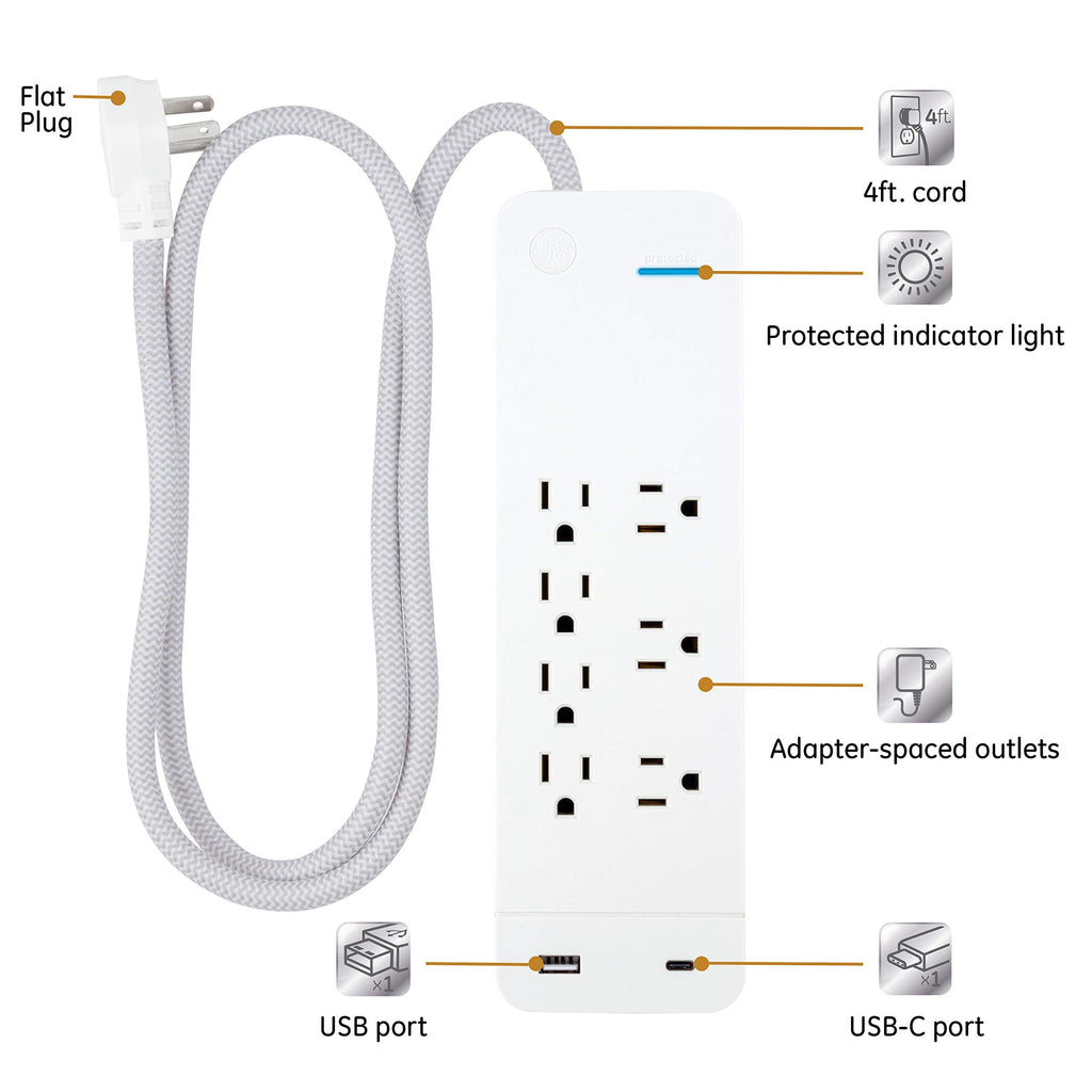 GE UltraPro 7 Outlet Surge Protector, USB-C Charging, 4 ft Designer Braided Extension Cord, 1440 Joules, Compatible w/iPhone 12/11/Pro/Max/Xs/XR/X/8, Samsung Galaxy, Google Pixel, White, 41355