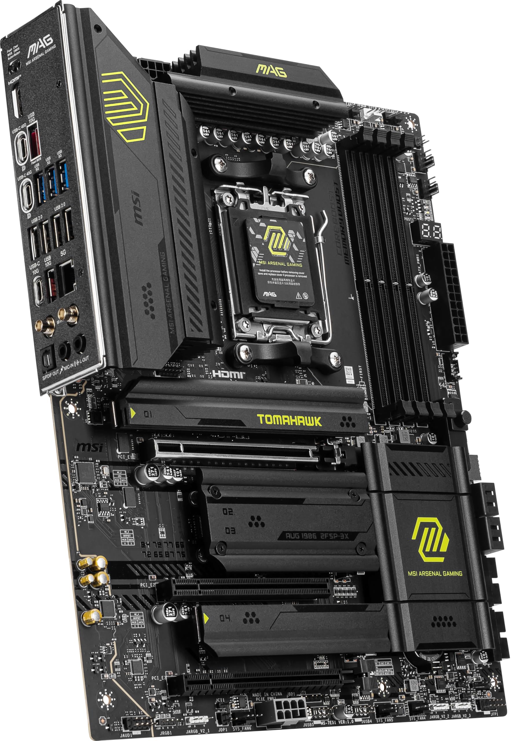 MSI MAG X870 Tomahawk Gaming WiFi Motherboard AMD Ryzen 9000/8000/7000 Series Processors, AM5, DDR5, PCIe 5.0, M.2 Gen5, SATA 6Gb/s, USB 40Gbps, HDMI/DP, Wi-Fi 7, Bluetooth 5.4, 5Gbps LAN,
