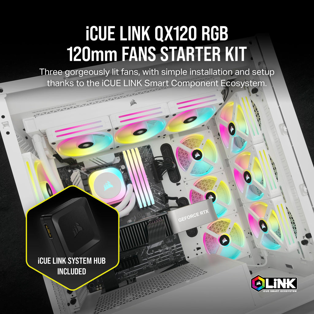 Corsair iCUE LINK QX120 RGB 120mm Magnetic Dome RGB Fans - Triple Fan Starter Kit with iCUE LINK System Hub - White