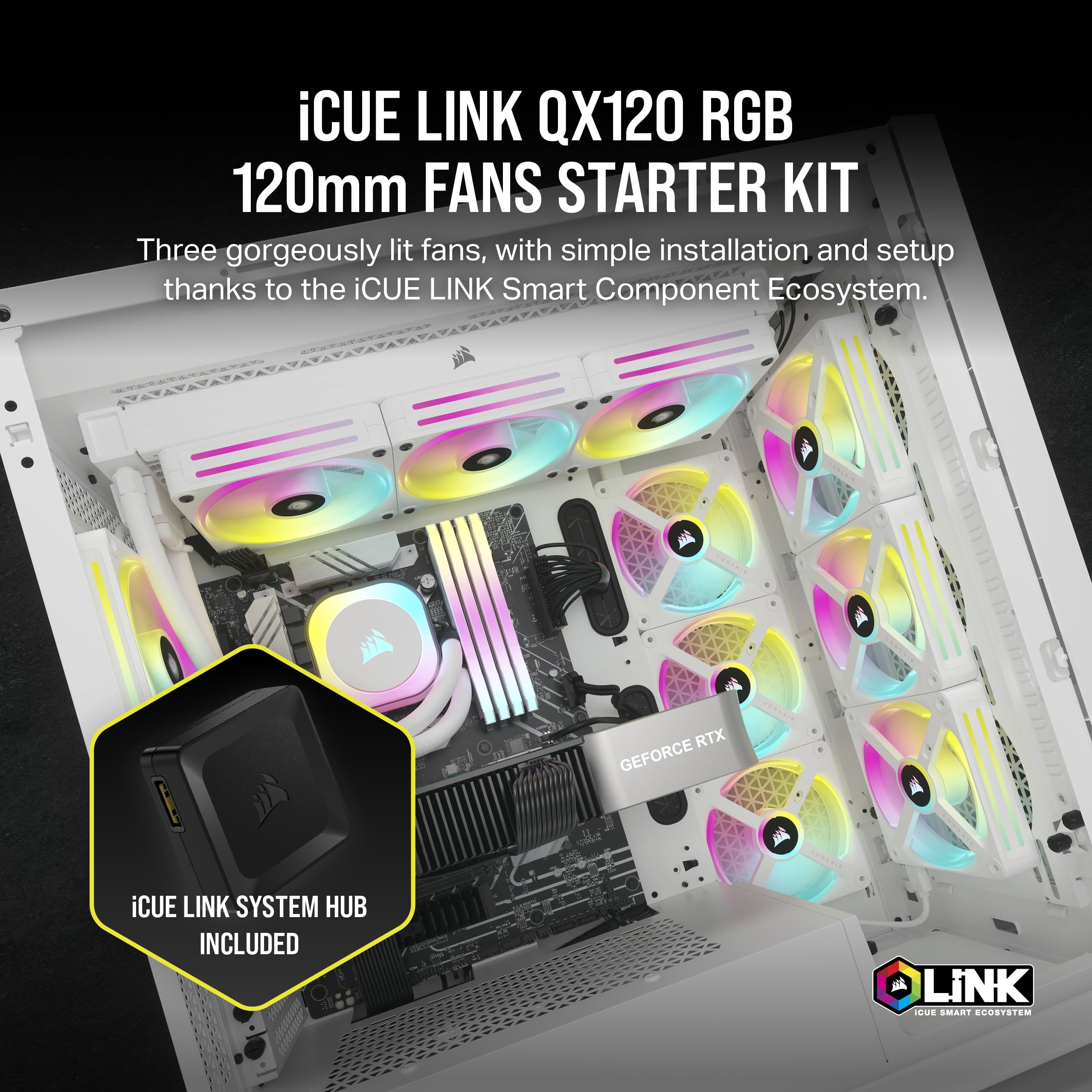 Corsair iCUE LINK QX120 RGB 120mm Magnetic Dome RGB Fans - Triple Fan Starter Kit with iCUE LINK System Hub - White