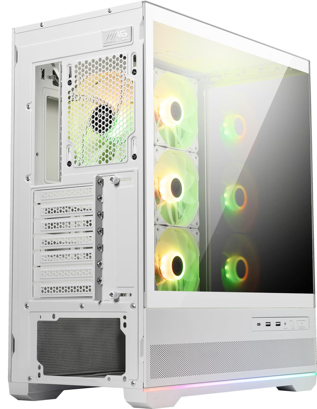 MSI MAG PANO 110R PZ White - Mid-Tower Gaming PC Case - Tempered Glass Side Panel - 3 x 120mm ARGB Fans - Liquid Cooling Support up to 360mm Radiator - Mesh Panel for Optimized Airflow