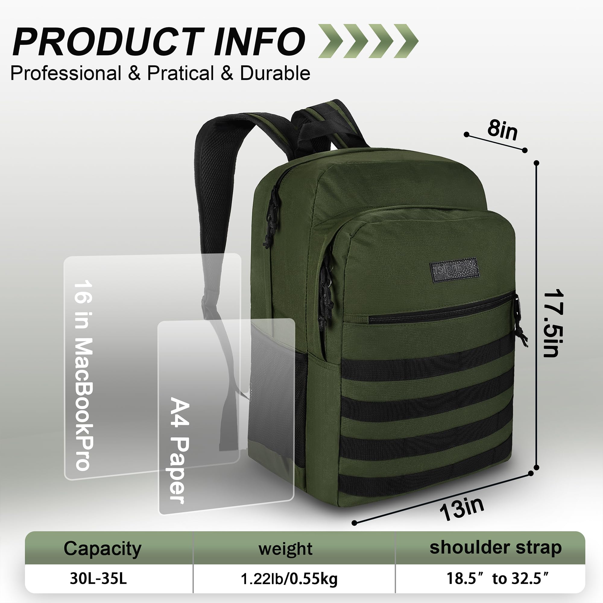 Wrangler Tradesman Backpack, Water Resistant Casual Daypack for Travel Work School, Green, L