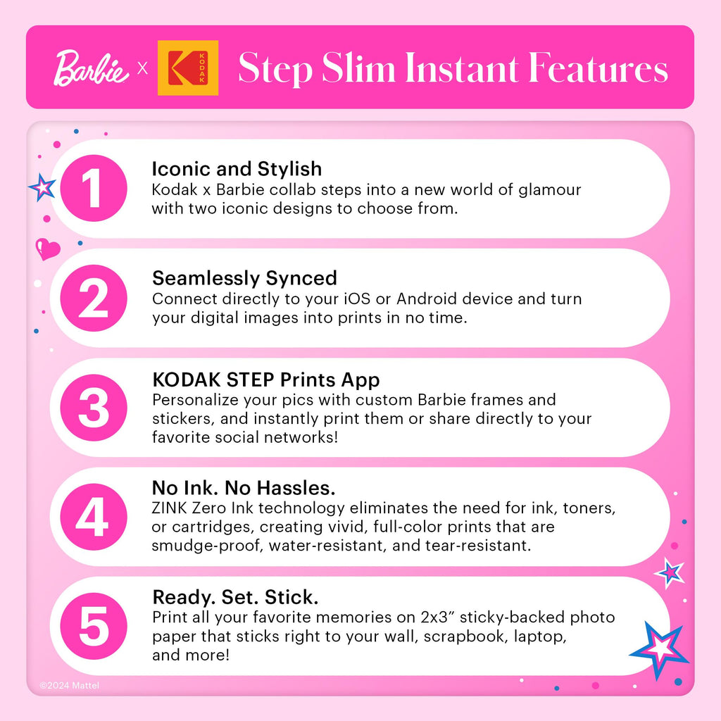 KODAK x Barbie Instant Smartphone Portable Photo Printer, Full Color, Wireless, Zink 2x3” (5.1x7.5 cm) Sticky-Back Photos, Print from iOS & Android Devices with Fun Editing App, Iconic Style