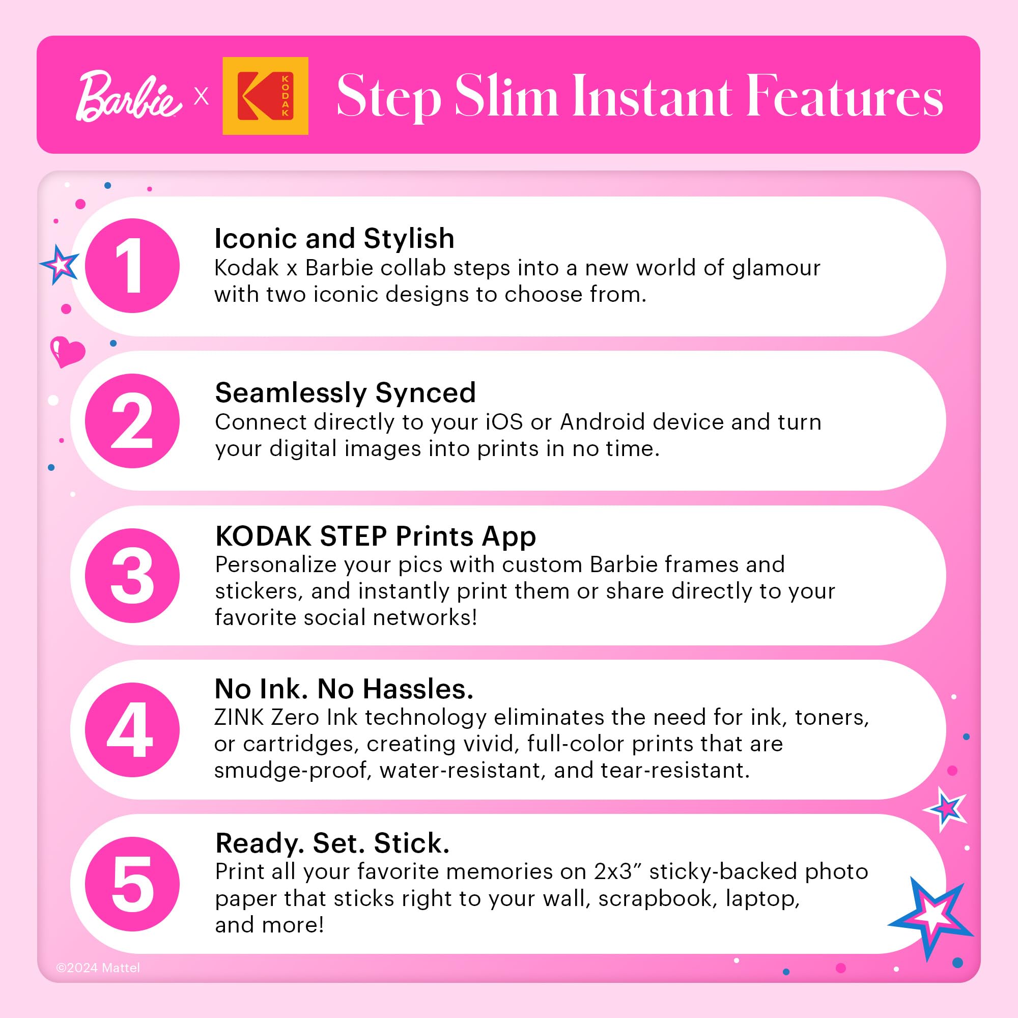 KODAK x Barbie Instant Smartphone Portable Photo Printer, Full Color, Wireless, Zink 2x3” (5.1x7.5 cm) Sticky-Back Photos, Print from iOS & Android Devices with Fun Editing App, Iconic Style