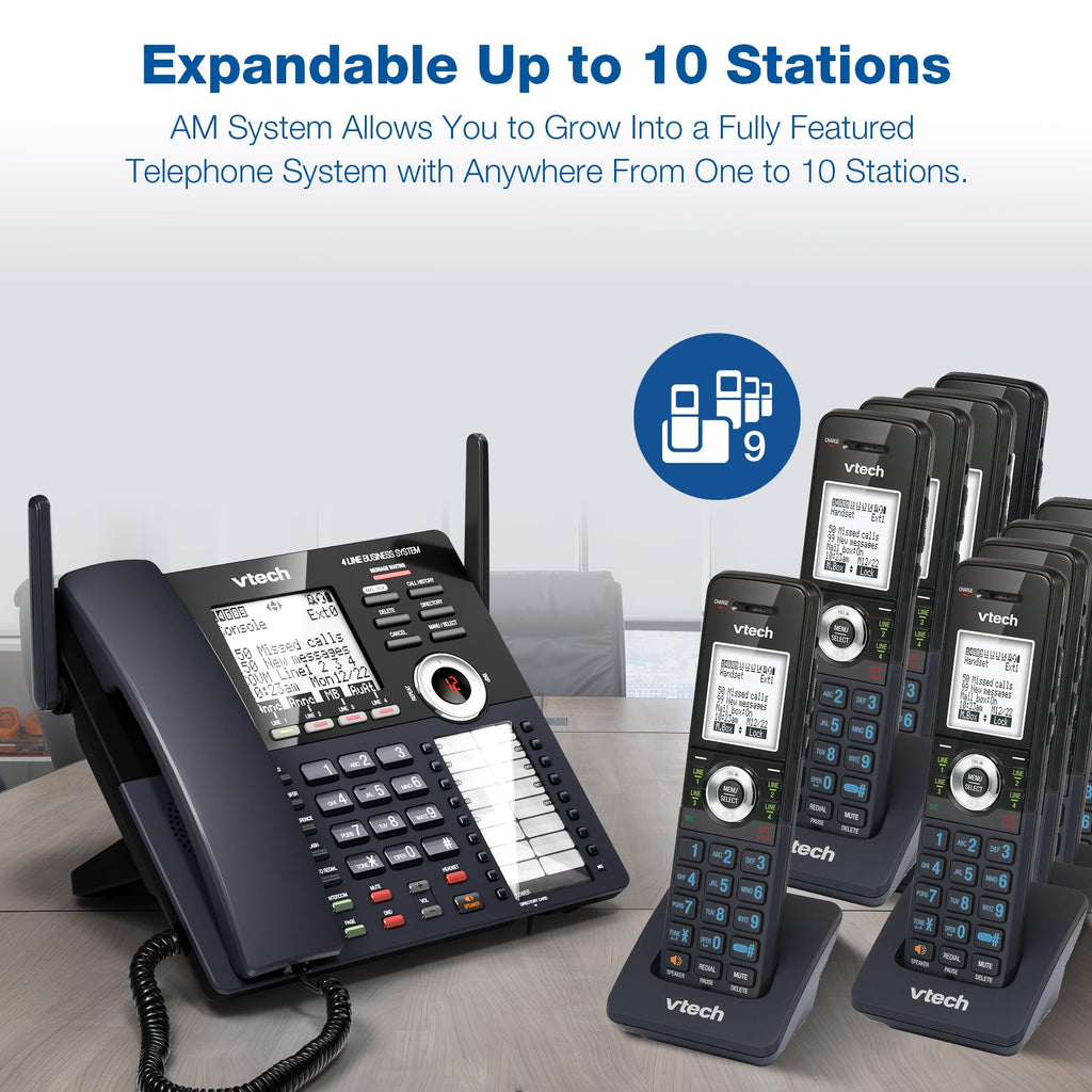 VTech AM18447 Main Console 4-Line Small Business Phone System - Expandable to 10 Stations, Digital Answering Machine, Auto Attendant, Intercom & Custom Music on Hold, Black