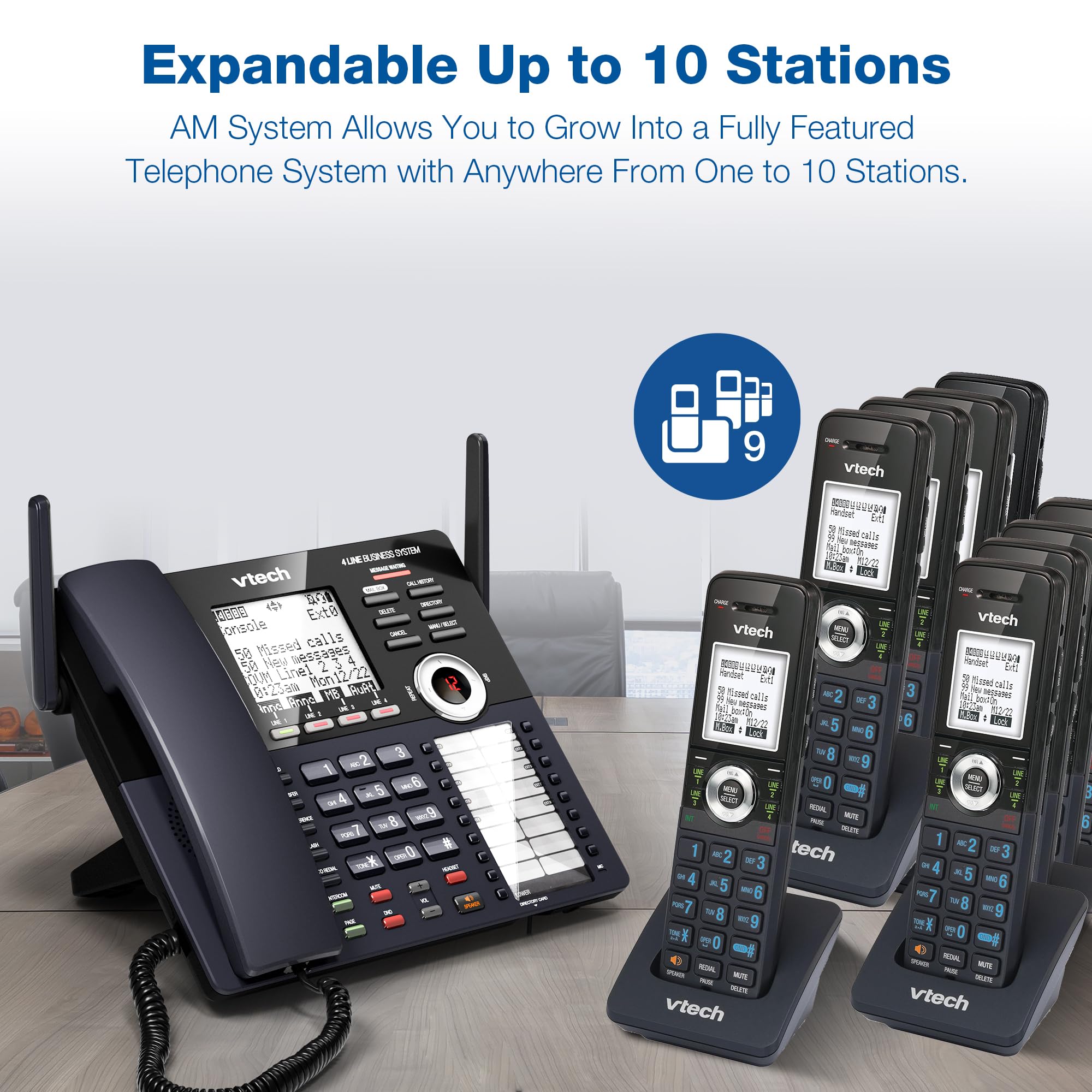 VTech AM18447 Main Console 4-Line Small Business Phone System - Expandable to 10 Stations, Digital Answering Machine, Auto Attendant, Intercom & Custom Music on Hold, Black