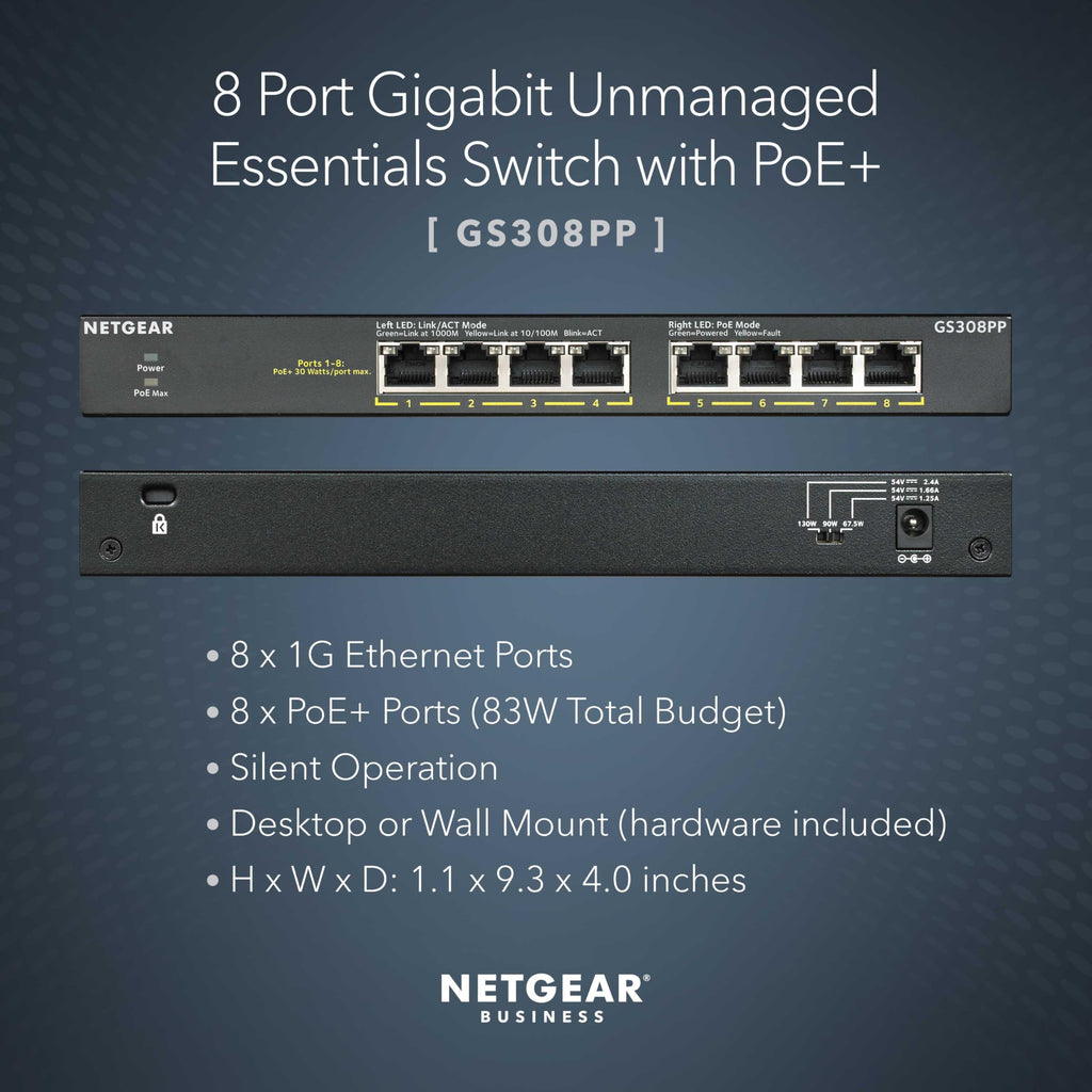 NETGEAR 8-Port Gigabit Ethernet Unmanaged PoE+ Switch (GS308PP) - with 8 x PoE+ 83W Desktop Wall Mount Sturdy Metal