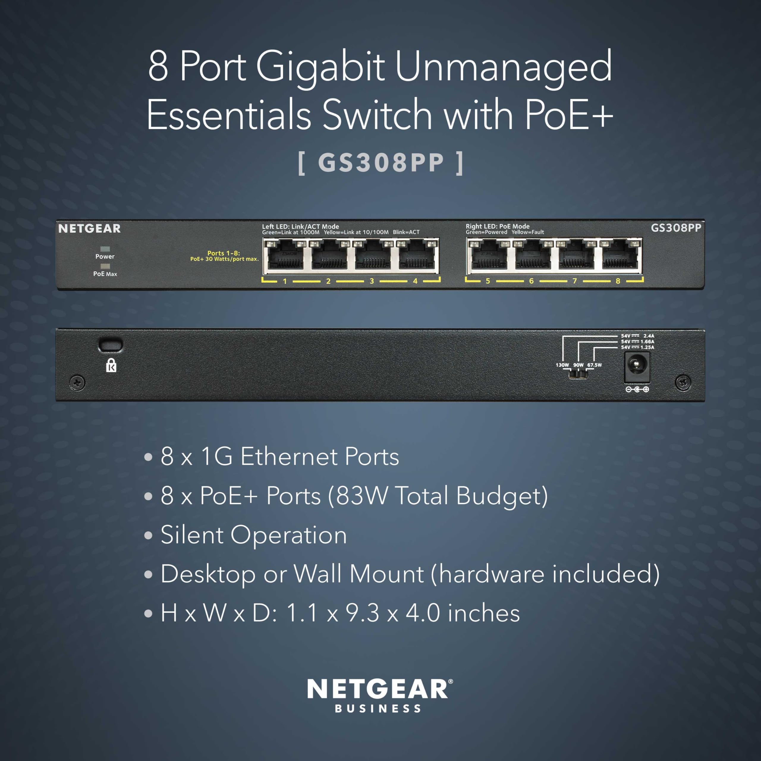 NETGEAR 8-Port Gigabit Ethernet Unmanaged PoE+ Switch (GS308PP) - with 8 x PoE+ 83W Desktop Wall Mount Sturdy Metal