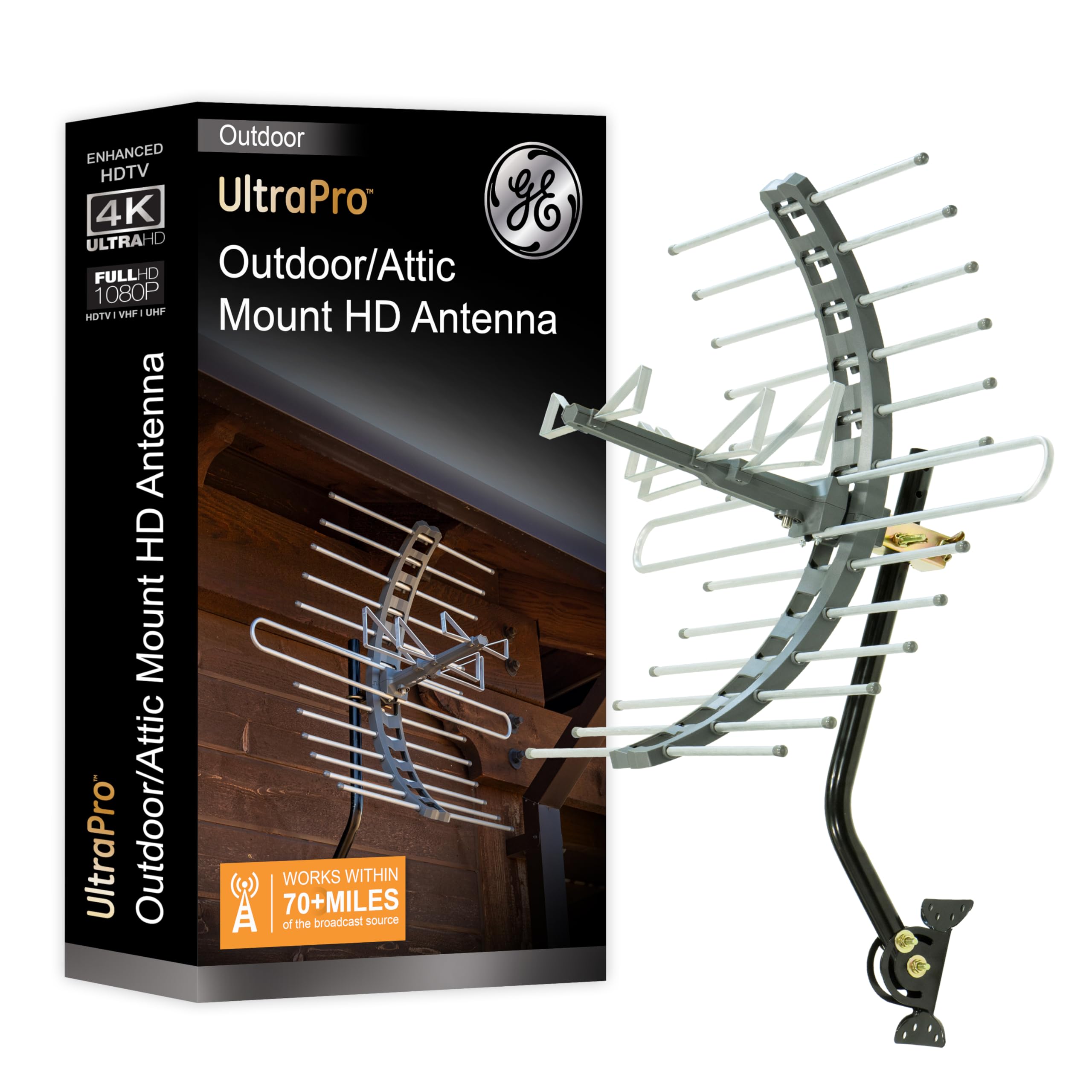 GE Outdoor/Attic TV Antenna, Long Range, 4K 1080P VHF UHF Digital HDTV, J Mount Included, Weather Resistant, 29884