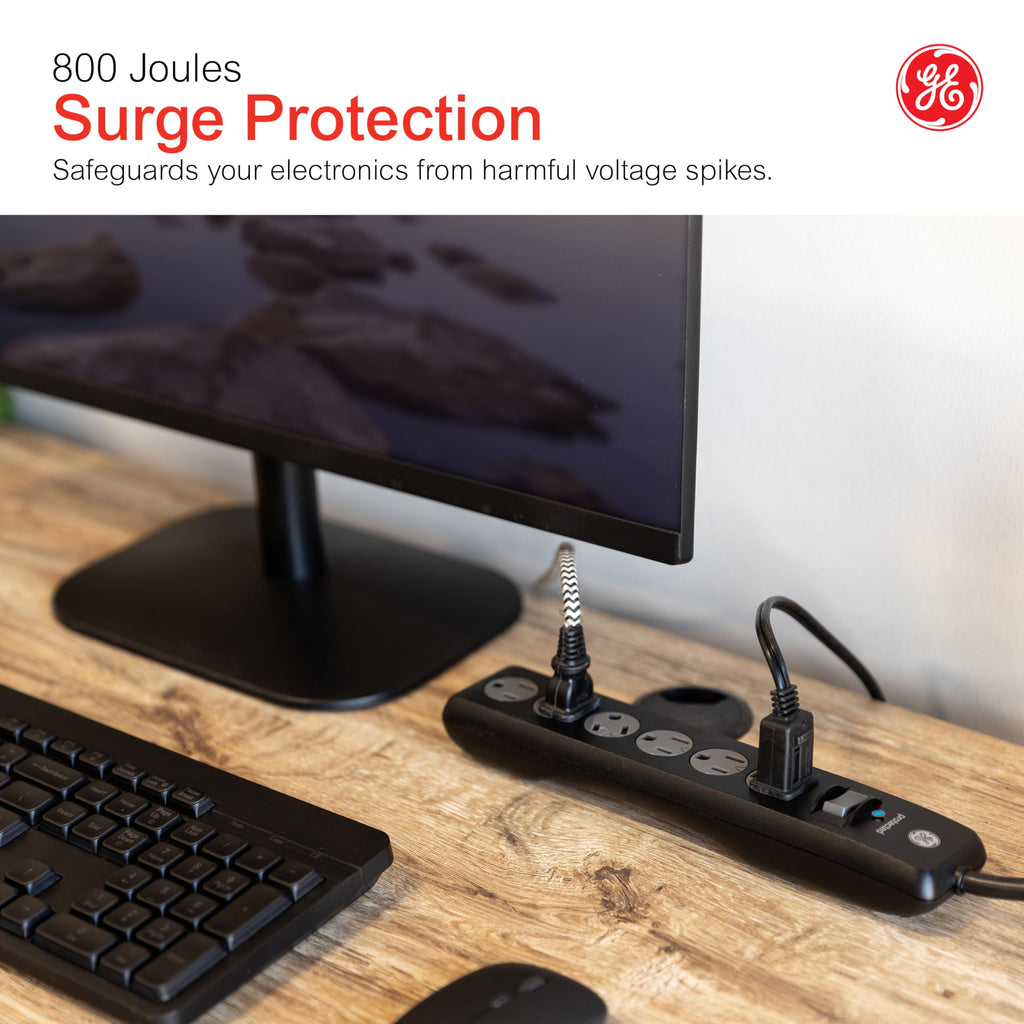 Aode GE 6 Outlet Surge Protector 2 Pack, 10 Ft Extension Cord, Power Strip, 600 Joules, Twist-to-Close Safety Covers, Black, 54646