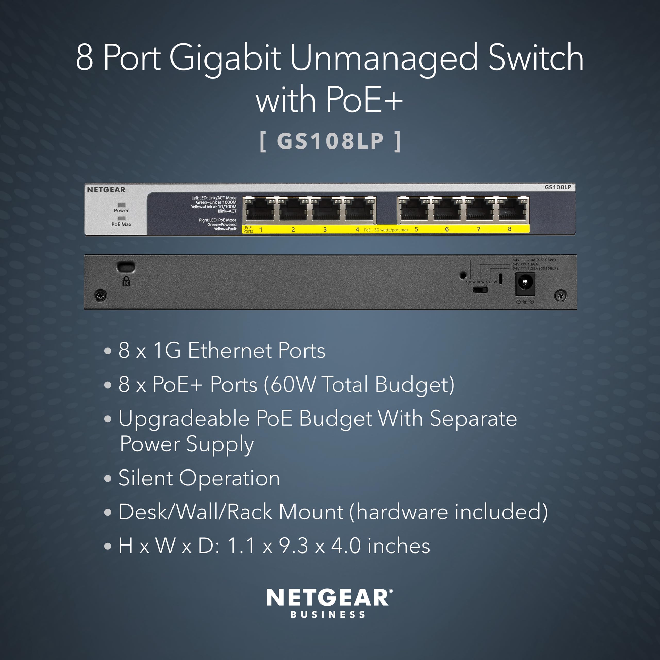 NETGEAR 8-Port Gigabit Ethernet Unmanaged PoE Switch (GS108LP) - with 8 x PoE+ @ 60W Upgradeable, Desktop, Wall Mount or Rackmount, and Limited Lifetime Protection