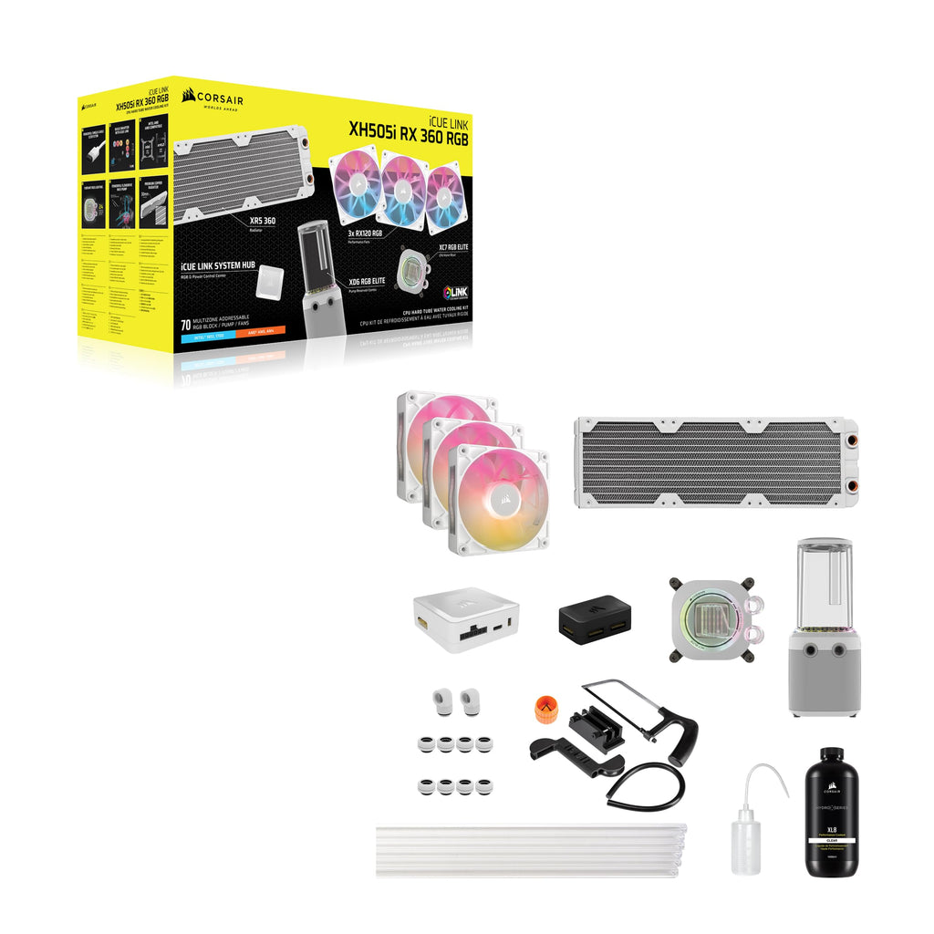 Corsair iCUE LINK XH505i RX 360 RGB Custom Cooling Kit – XC7 ELITE CPU Water Block, XD6 ELITE Pump Reservoir, 3x RX120 RGB Fans, XR5 360mm Radiator, iCUE LINK System Hub – White