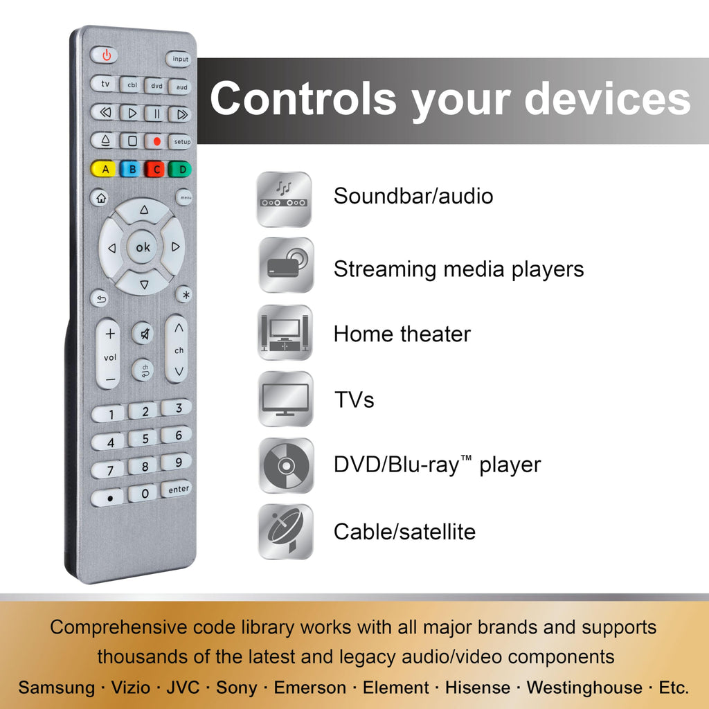 GE 4-Device Universal Remote Control - Backlit Buttons, Samsung, LG, Vizio, Sony, Roku & Apple TV Replacement, Silver, 48844