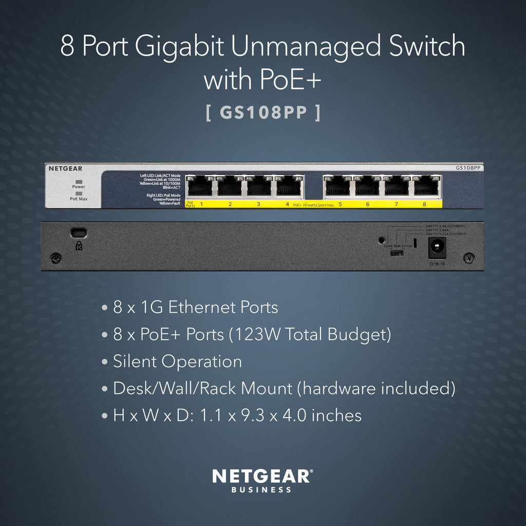 NETGEAR 8-Port Gigabit Unmanaged Switch, PoE/PoE+ 123W, Fanless, Rackmount, Plug-and-Play, ProSAFE Lifetime Protection (GS108PP)