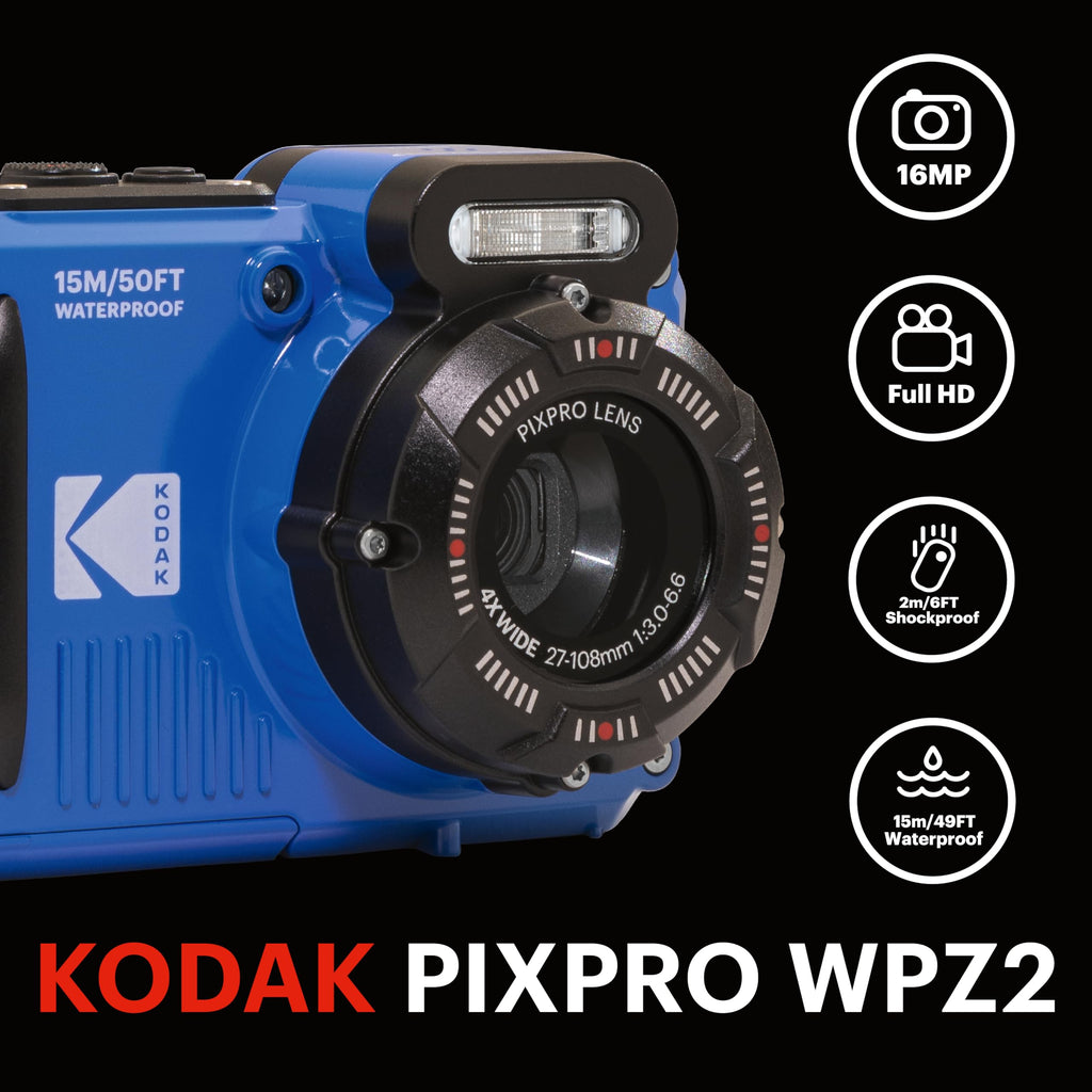 KODAK Pixpro WPZ2 - 16M Pixel Compact Digital Camera, Waterproof to 15m, Shockproof, 720p Video, 2.7" LCD Screen - Li-ion Battery, Blue
