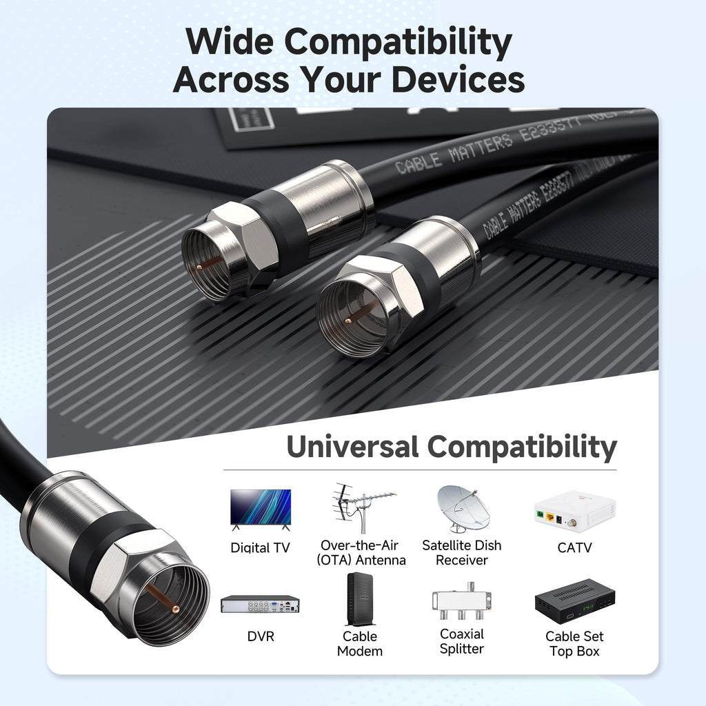 Cable Matters 3-Pack, CL2 in-Wall Rated (CM) Quad Shielded RG6 Coaxial Patch Cable in Black 10 Feet