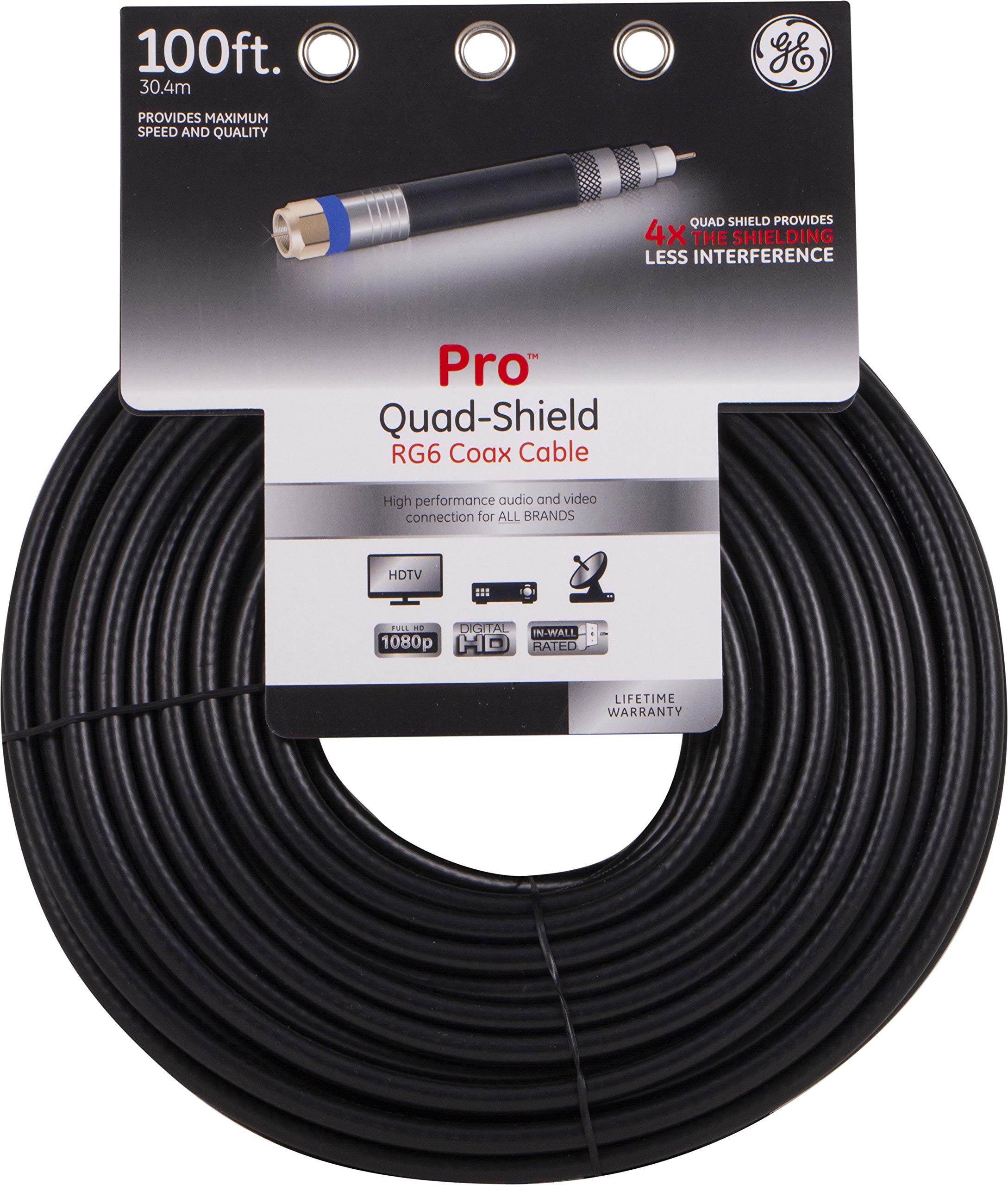 GE RG6 Coaxial Cable, 100 ft. F-Type Connectors, Quad Shielded Coax Cable, 3 GHz Digital, In-Wall Rated, Ideal for TV Antenna, DVR, VCR, Satellite, Cable Box, Home Theater, Black, 34842