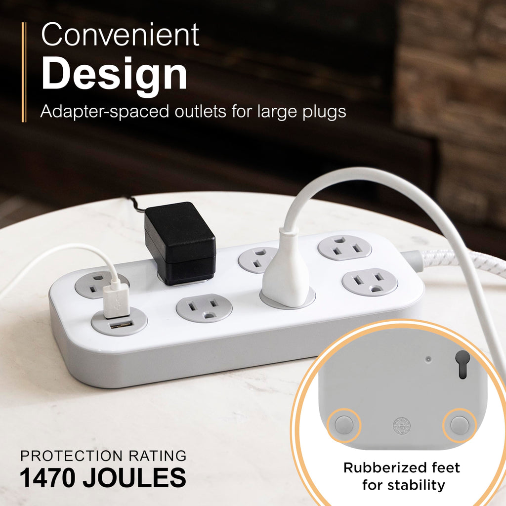 GE 7-Outlet Surge Protector Power Strip with USB, 2 USB-A, 4 Ft Braided Cord, Multi Plug Outlet Extender, Flat Plug, Charging Station, 2.4A, 1470 Joules, White/Gray, 81780