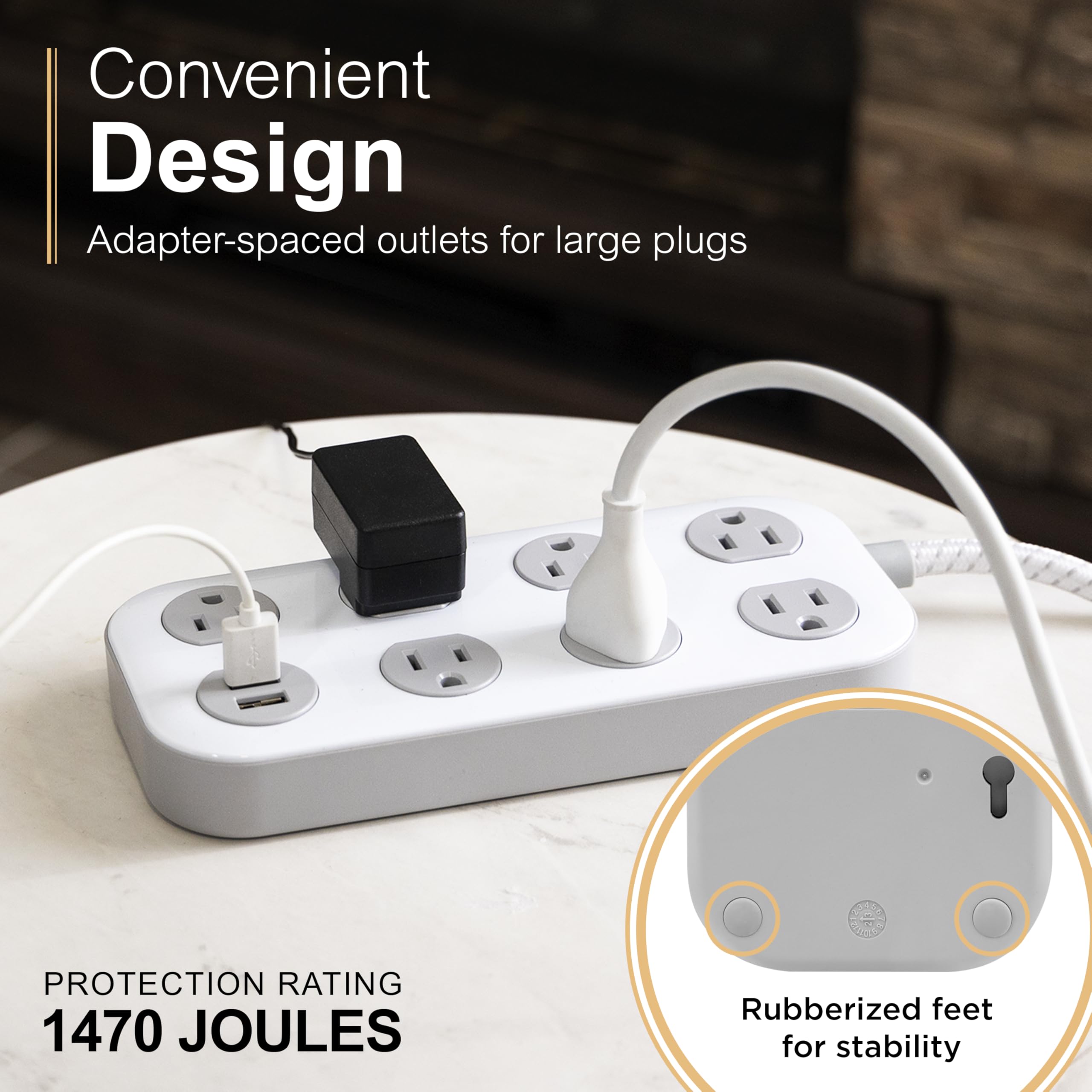 GE 7-Outlet Surge Protector Power Strip with USB, 2 USB-A, 4 Ft Braided Cord, Multi Plug Outlet Extender, Flat Plug, Charging Station, 2.4A, 1470 Joules, White/Gray, 81780