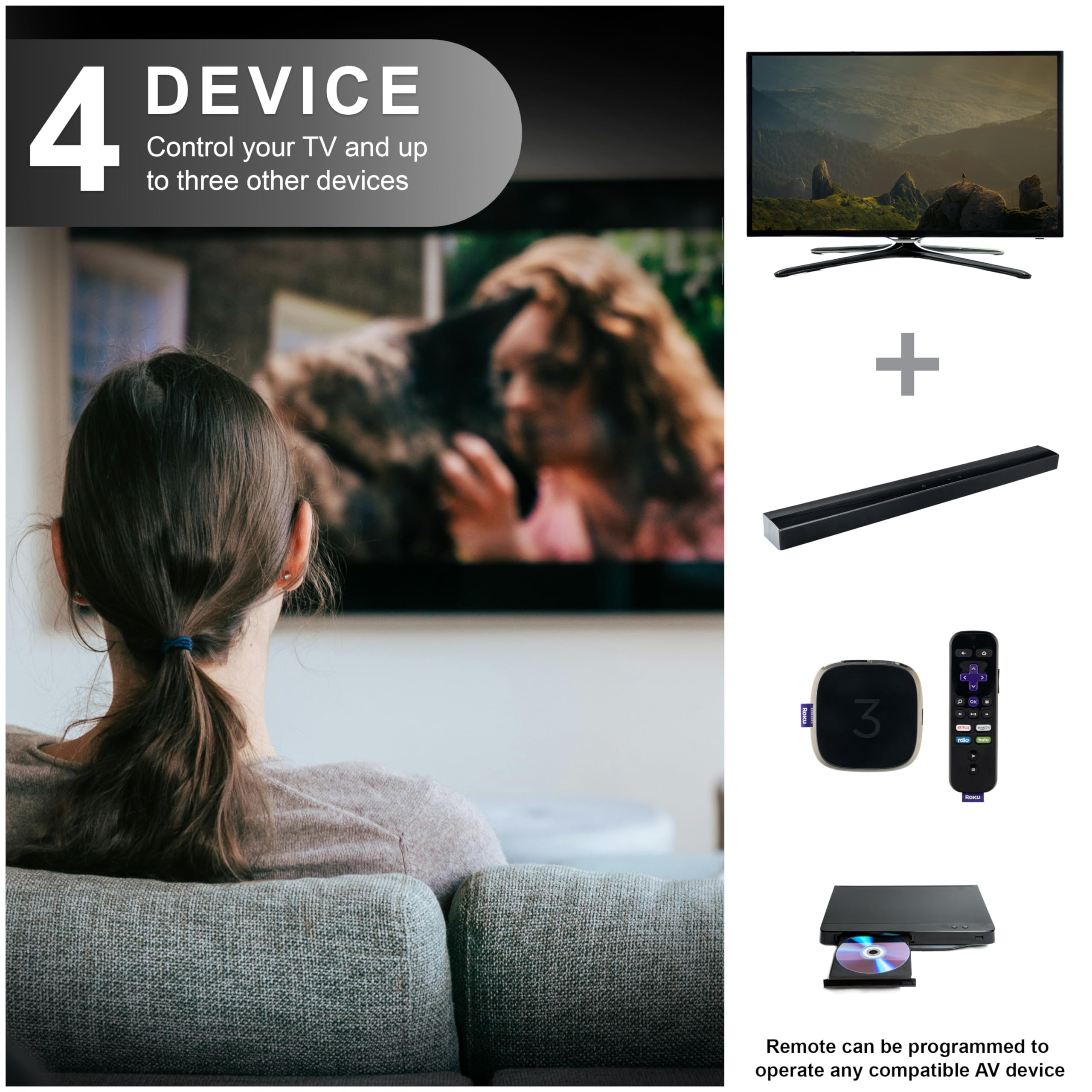 GE Rechargeable tv Remote and Control, Universal Remote for Samsung, Apple, Sony, Roku, LG Smart TVs, 4-Device, 80984