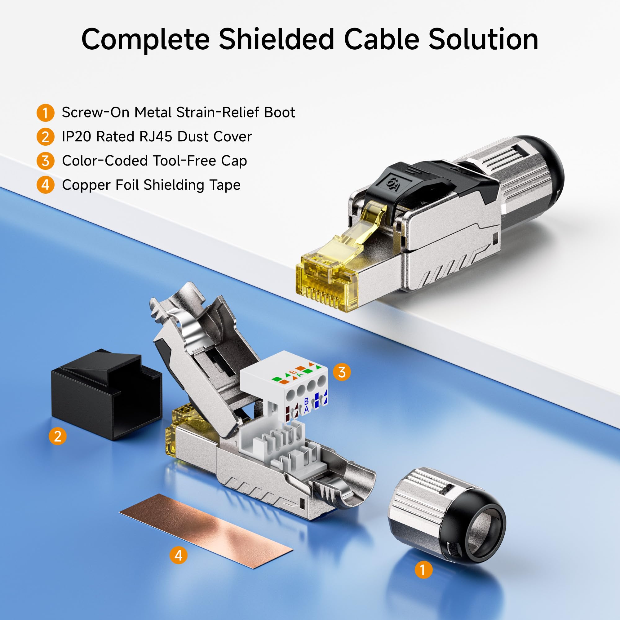 Cable Matters 6-Pack Tool-Free Shielded Cat6a / Cat6 RJ45 Termination Plug Connector, 10Gbps Cat 6 Plug