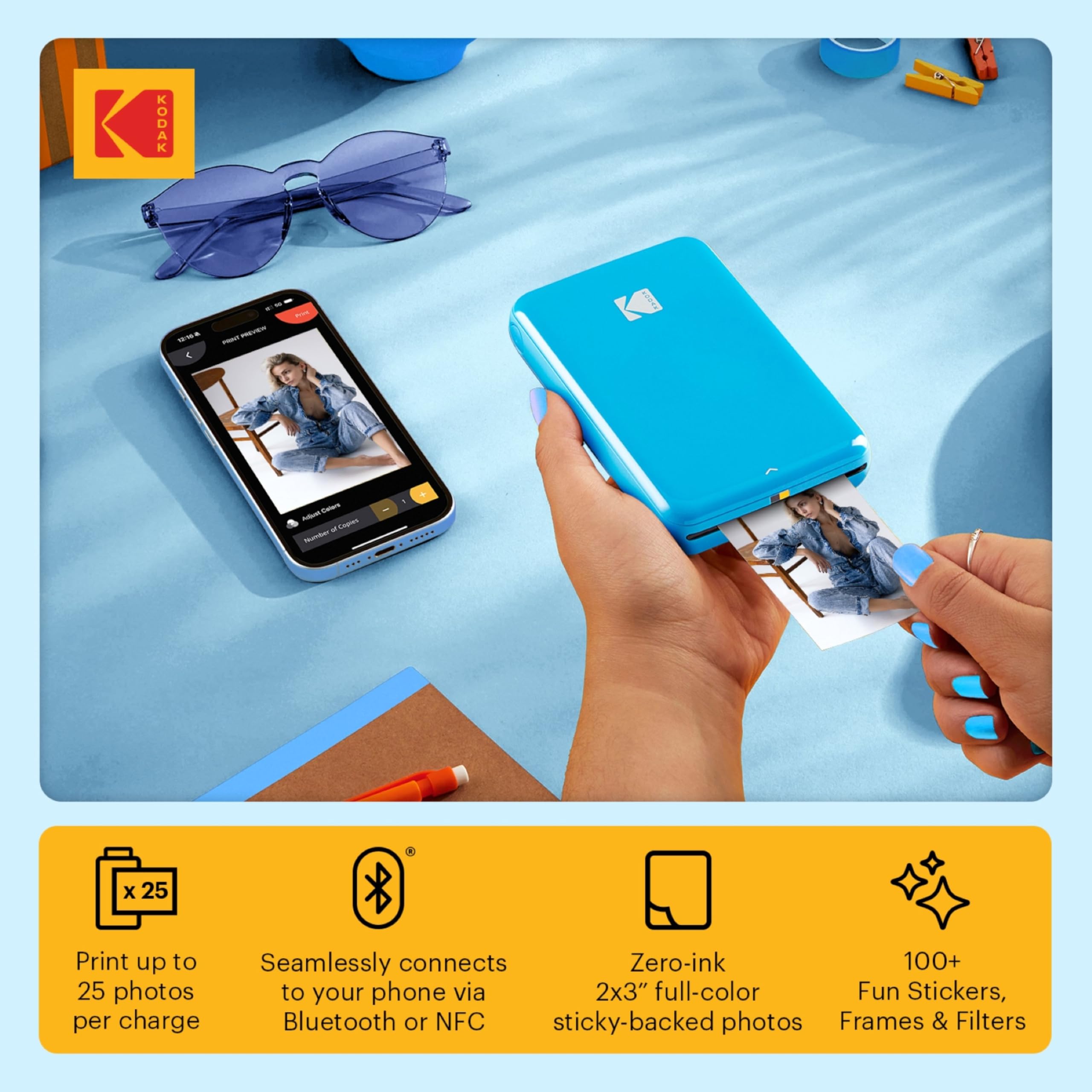 Kodak Step Instant Smartphone Photo Printer - 75 Sheets BUNDLE - Portable Mini Color Wireless Mobile Printer - Zink 2x3” Sticky-Back Photos - Bluetooth Compatible with Smart Devices - Fun App -Blue