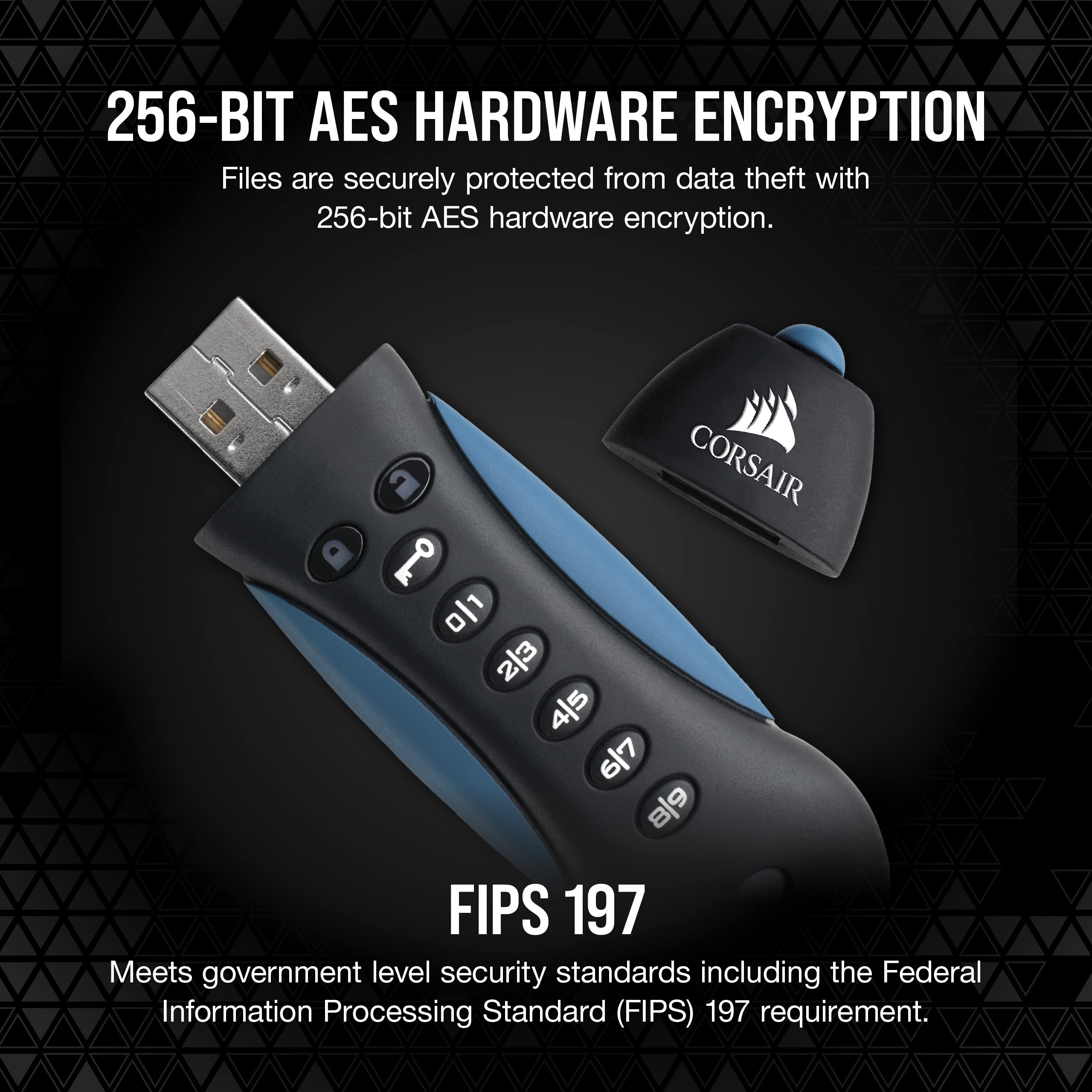 Corsair Flash Padlock 3, 256 GB Secure USB 3.0 Flash Drive with Keypad (256-bit AES Encryption, FIPS 197 Security Standards, Ruggedised Rubber Housing, Built-in PIN Pad) Black/Blue