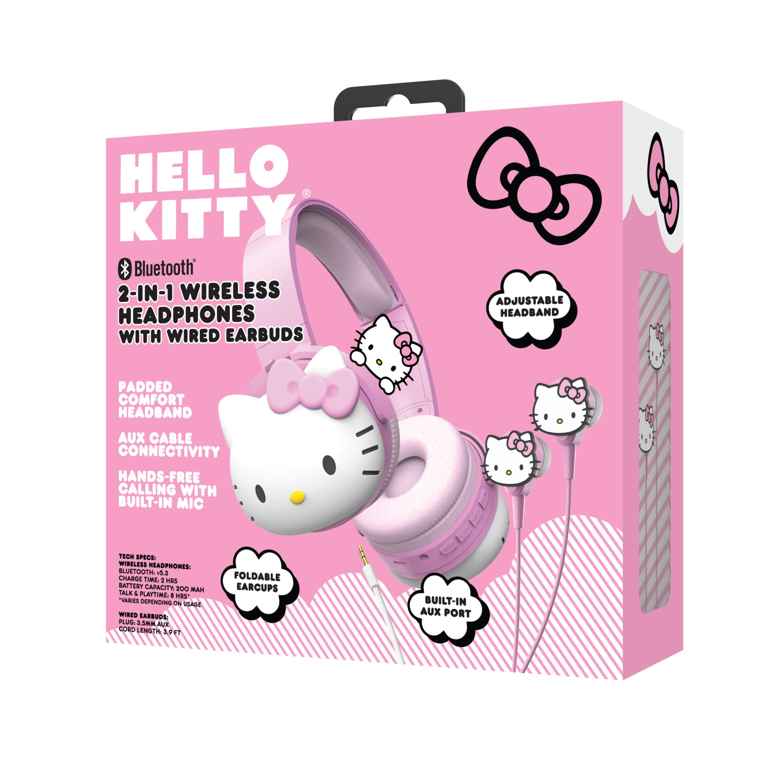 Hello Kitty 2-in-1 Wireless Bluetooth Headphones with Wired Earbuds - Foldable, Adjustable & Padded Headband, Onboard Controls, Squishy Ear Cups, Aux Cable Connectivity, Handsfree Calling