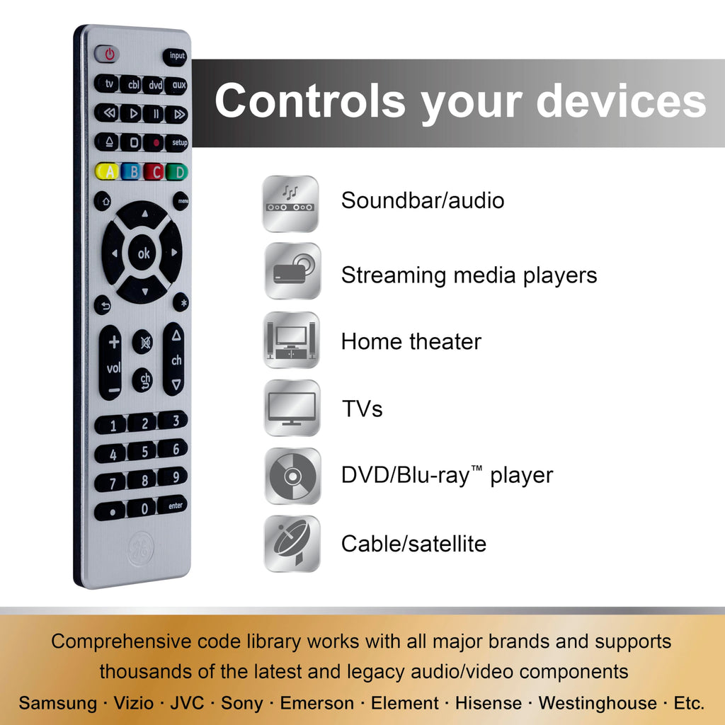 GE Universal Remote Control for Samsung, Vizio, LG, Sony, Sharp, Roku, Apple TV, TCL, Panasonic, Smart TVs, Streaming Players, Blu-ray, DVD, 4-Device, Silver, 33709