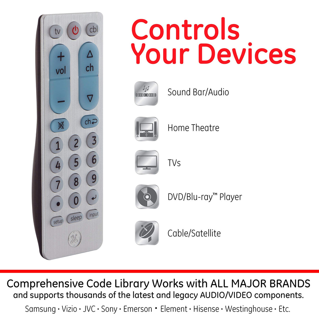 GE Big Button Universal Remote Control for Samsung, Vizio, Lg, Sony, Sharp, Roku, Apple TV, TCL, Panasonic, Smart TVs, Streaming Players, Blu-Ray, DVD, 2-Device, Silver, 33701
