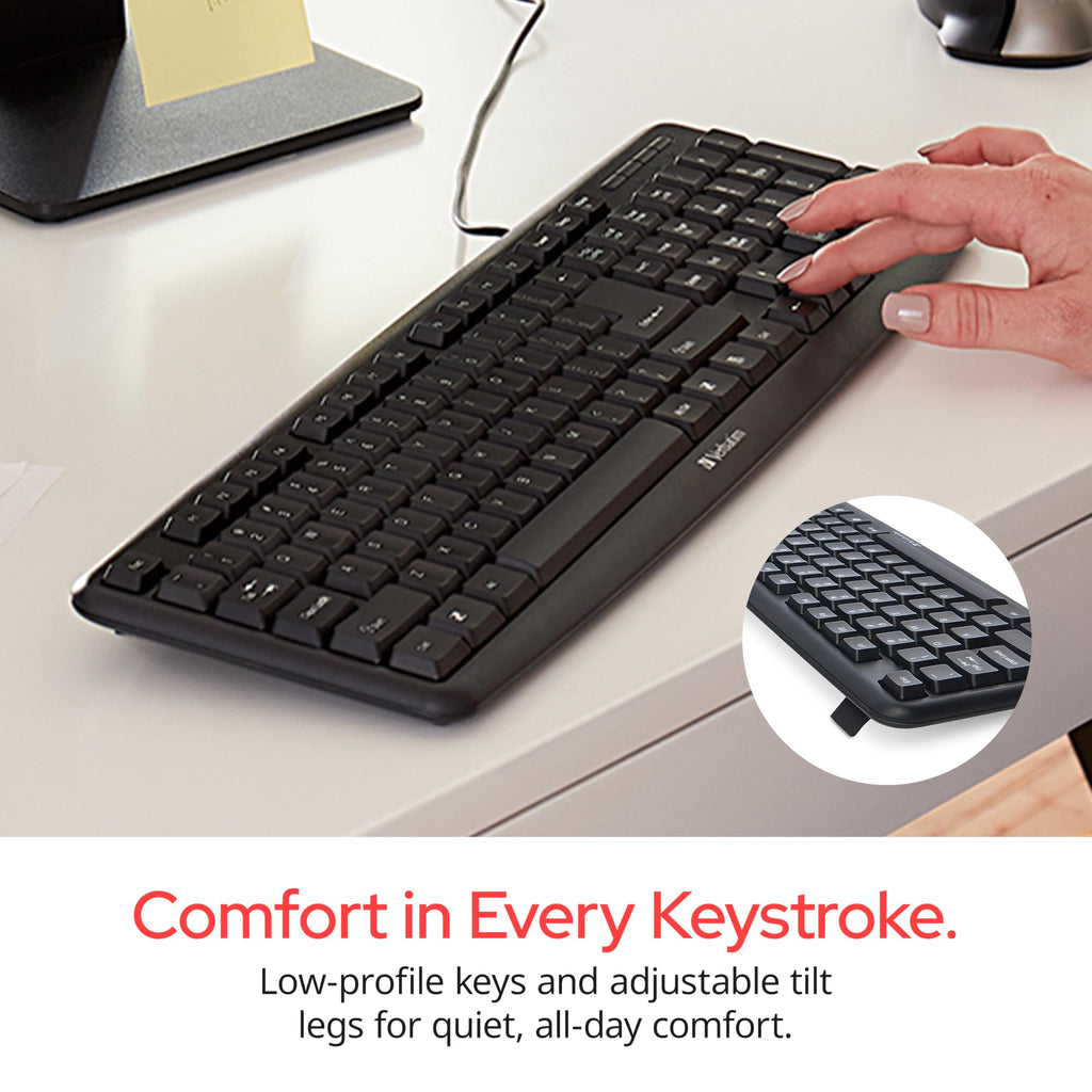 Verbatim Slimline Wired Keyboard USB Plug-and-Play Numeric Keypad Adjustable Tilt Legs Corded Full-Size Computer Keyboard Compatible with PC, Laptop - Frustration Free Packaging Black 99201