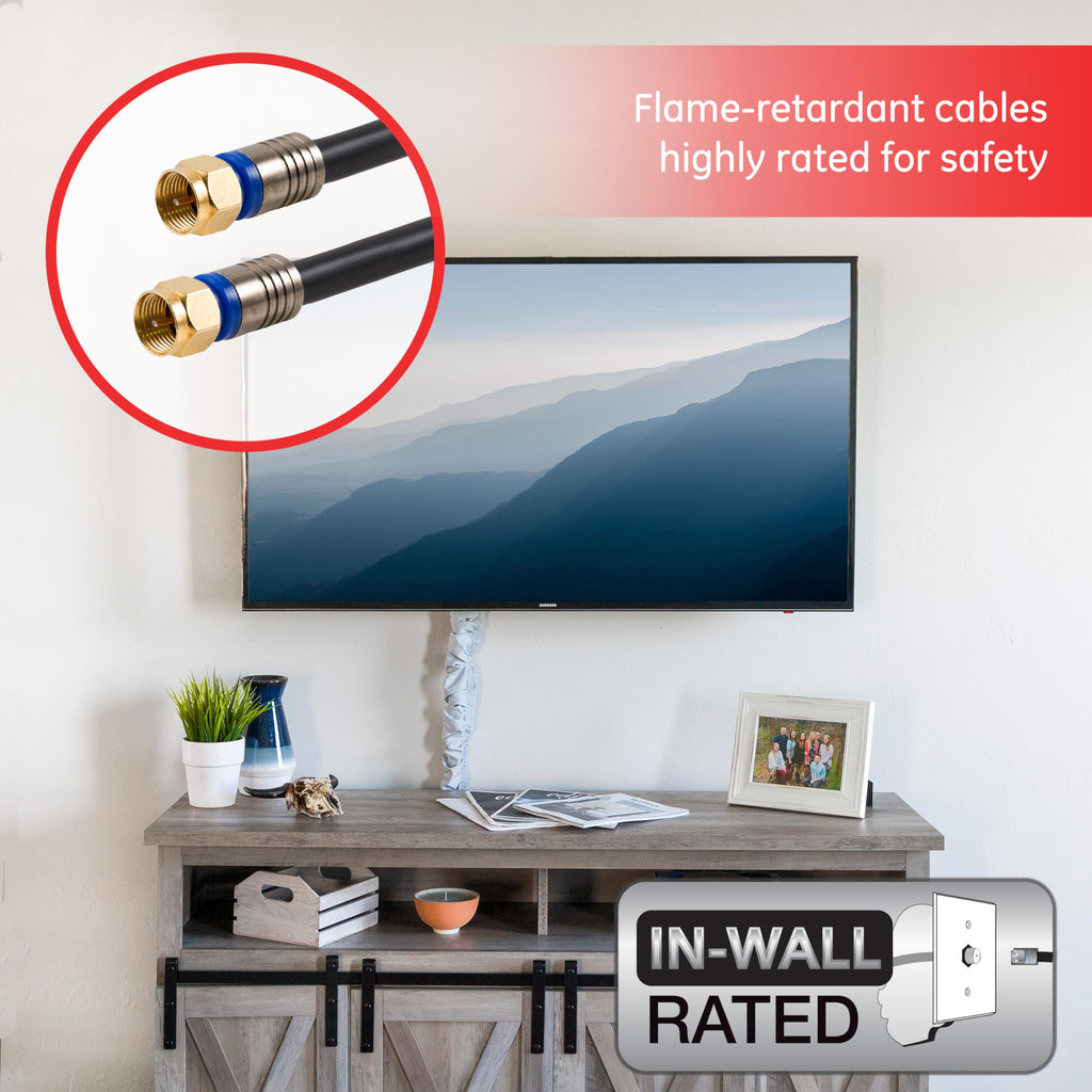 GE RG6 Coaxial Cable, 6 ft. F-Type Connectors, Quad Shielded Coax Cable, 3 GHz Digital, in-Wall Rated, Ideal for TV Antenna, DVR, VCR, Satellite, Cable Box, Home Theater, Black, 33528