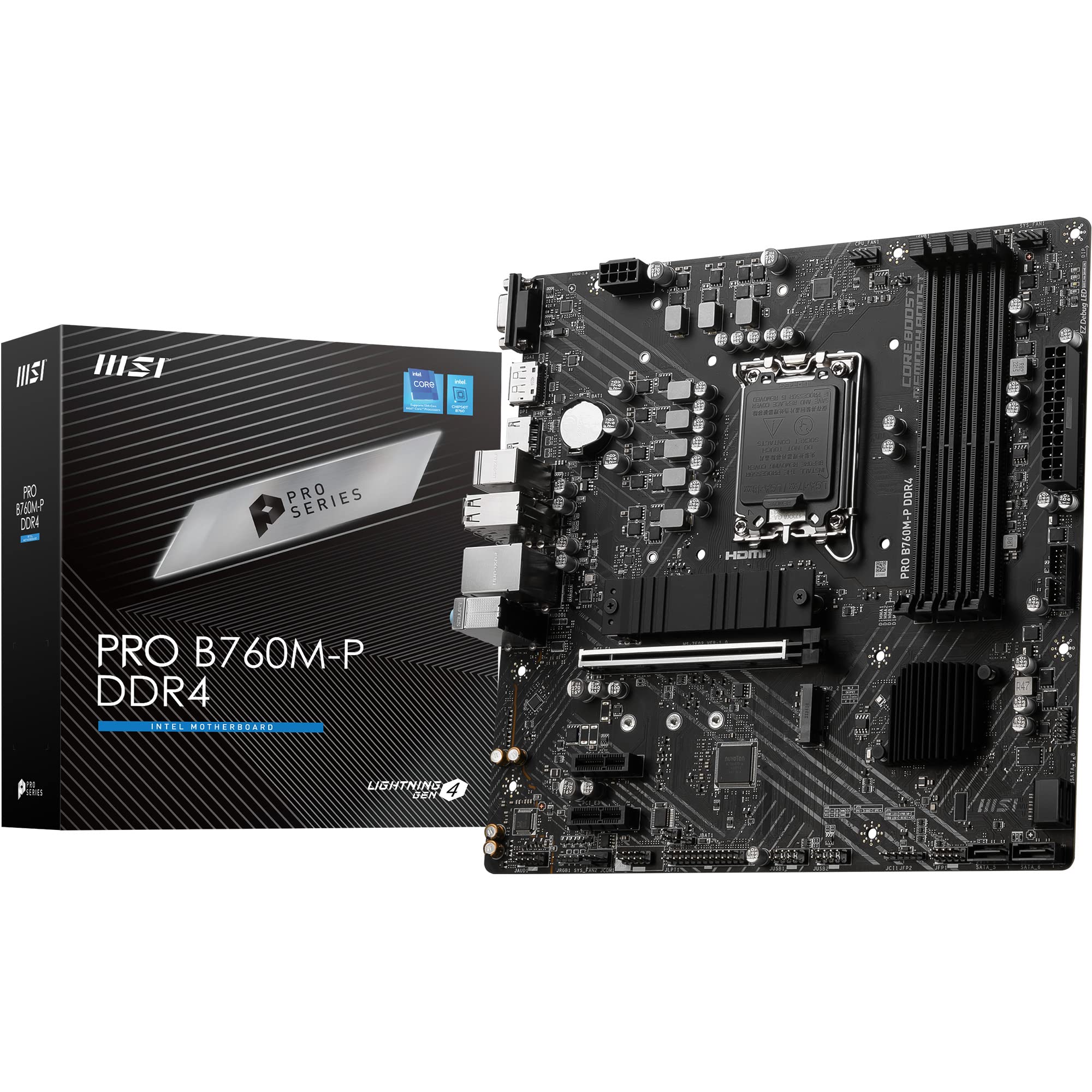 MSI PRO B760M-P DDR4 Motherboard, Micro-ATX - Supports Intel 14th, 13th & 12th Gen Core Processors, LGA 1700 - DDR4 Memory Boost 4800+MHz/OC, PCIe 4.0 x16 Slot, M.2 Gen4 Slots