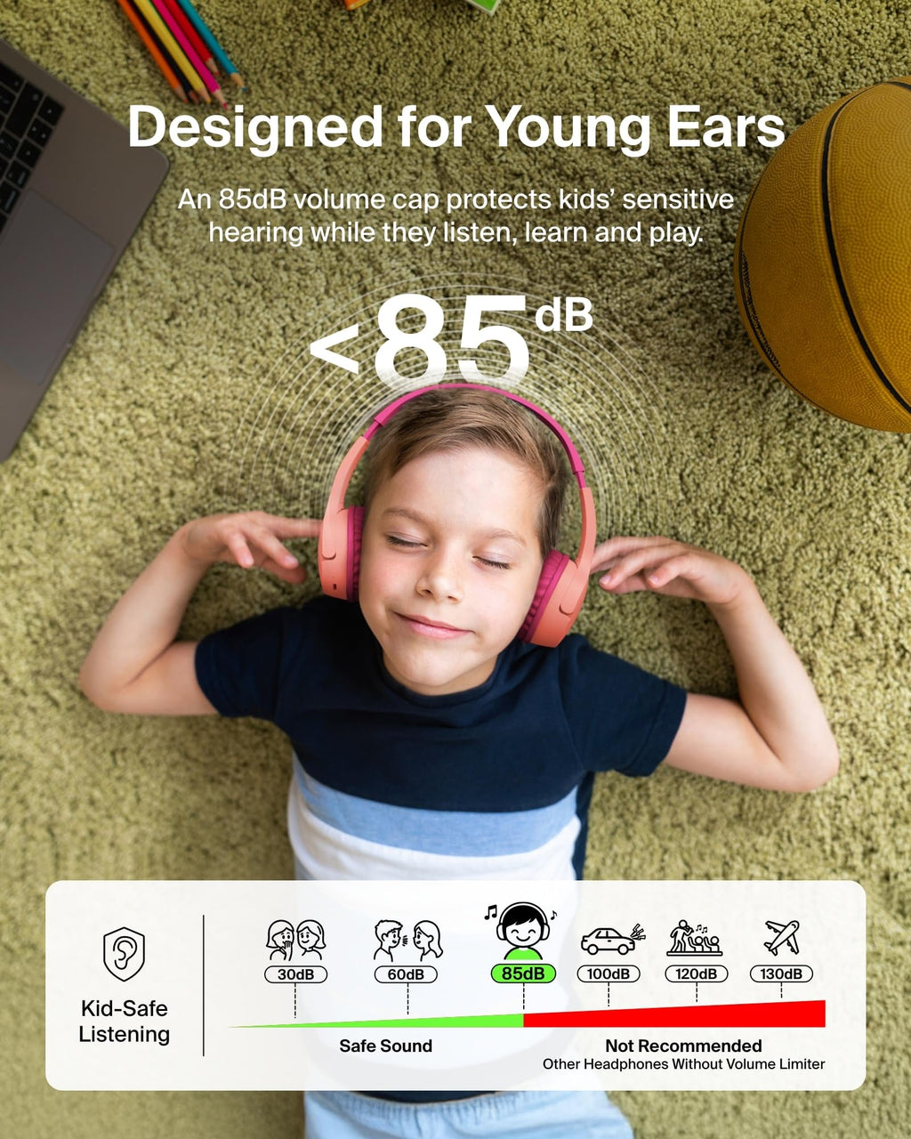 Belkin SoundForm Mini Kids Wireless Headphones w/Built-in Microphone, 30H of Playback Time, Fun Stickers - Over-Ear Headsets for Online Learning, School, iPhone, iPad, Galaxy, & More - Pink
