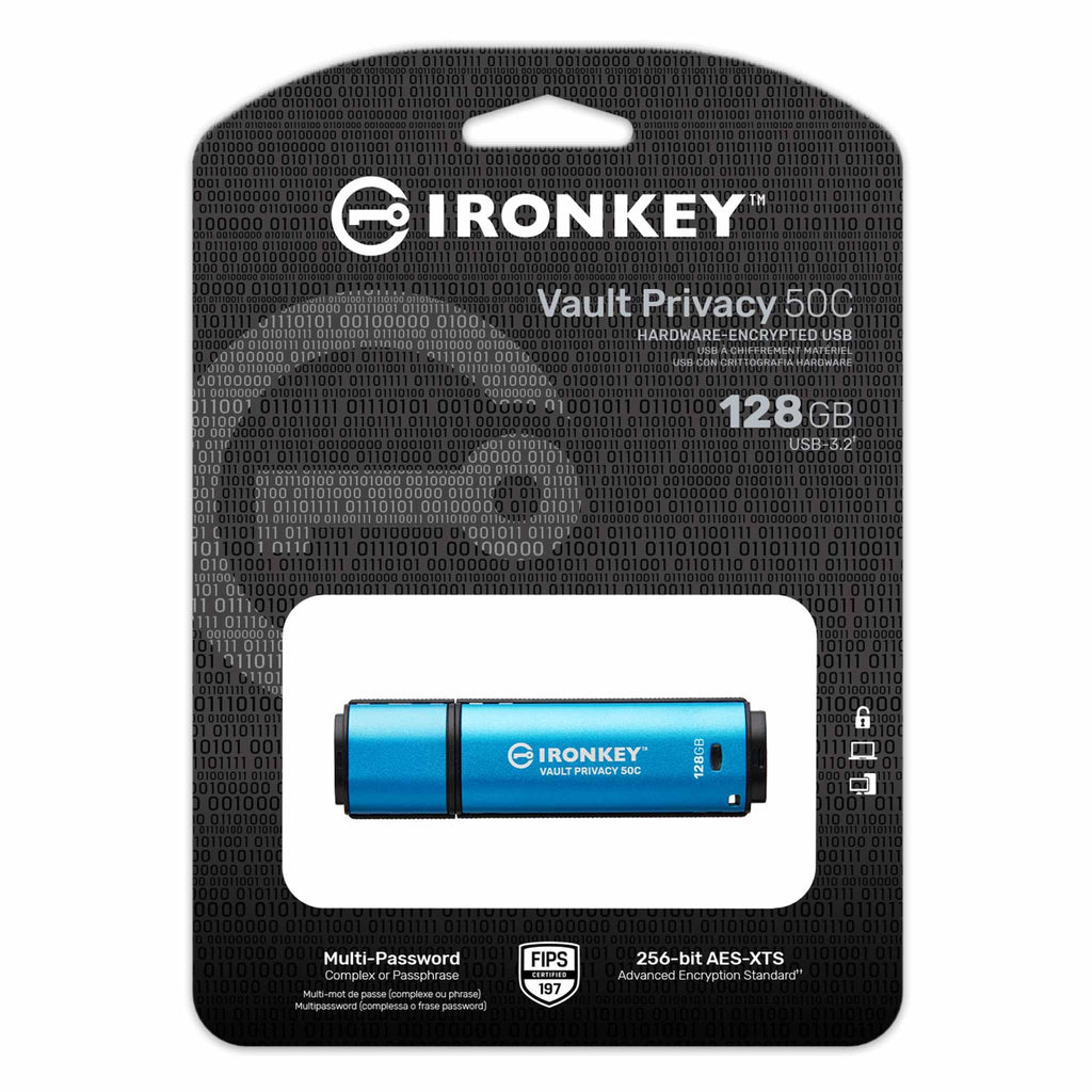 Kingston IronKey Vault Privacy 50 FIPS 197 Certified & XTS-AES 256-bit Encrypted USB TypeC Drive for Data Protection - IKVP50C/128GB
