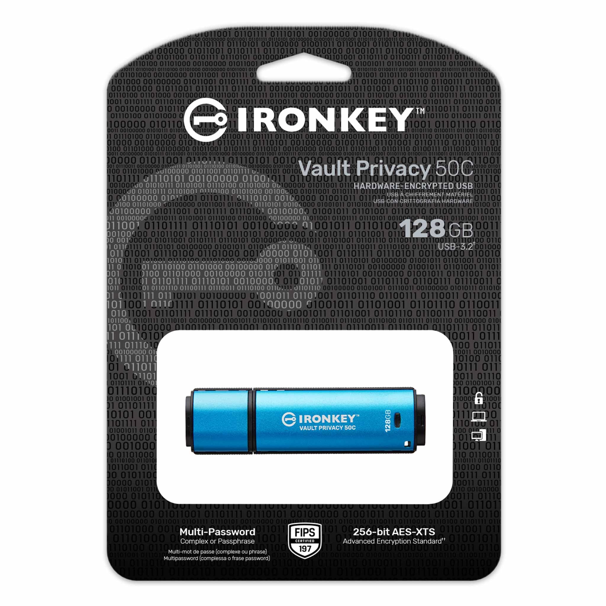 Kingston IronKey Vault Privacy 50 FIPS 197 Certified & XTS-AES 256-bit Encrypted USB TypeC Drive for Data Protection - IKVP50C/128GB