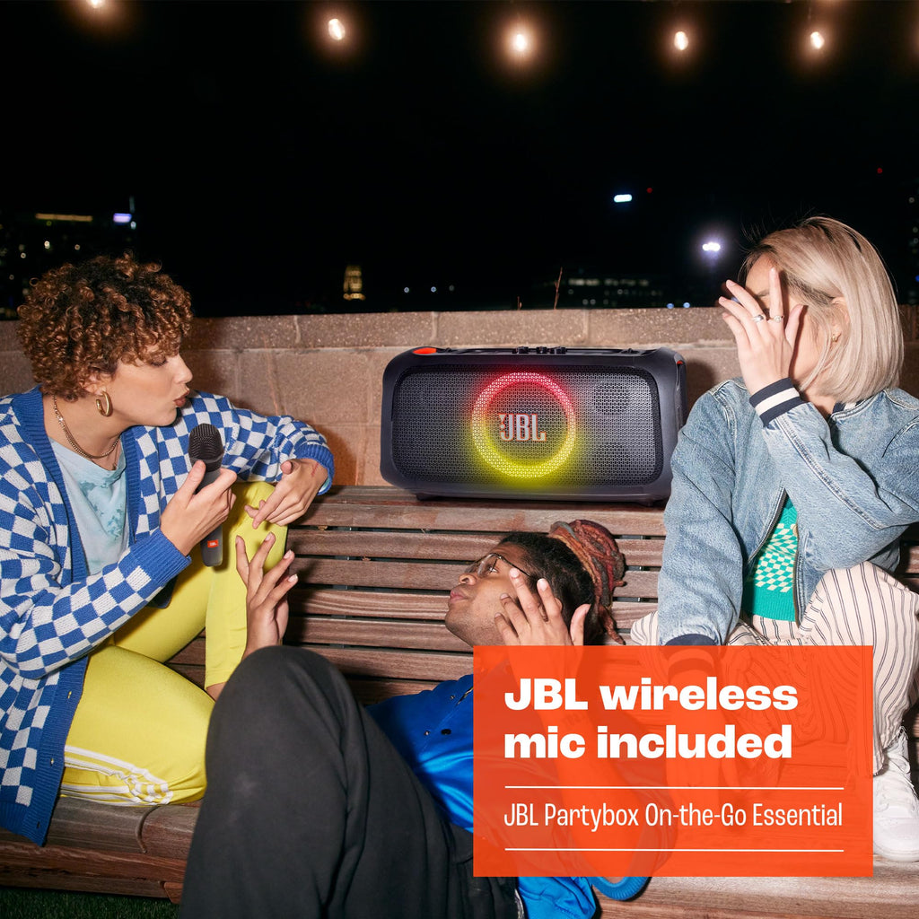 JBL PartyBox On-The-Go Essential Portable Bluetooth Light Effect Speaker, 100W Power, 6 Hour Playback, IPX4 Splash Resistant - Black