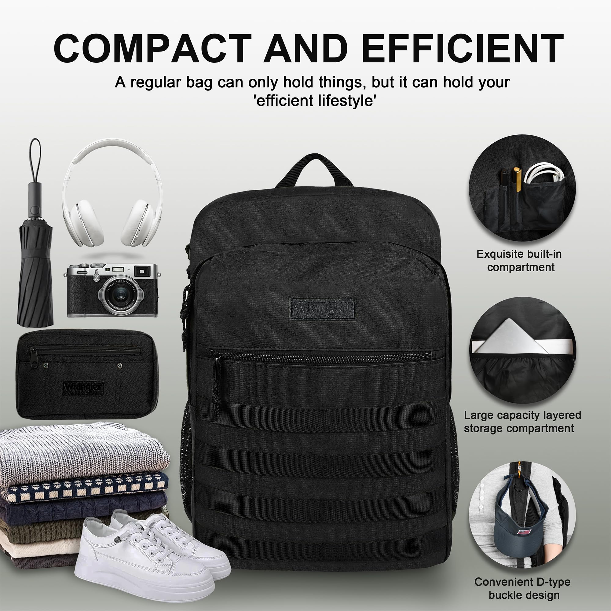 Wrangler Tradesman Backpack, Water Resistant Casual Daypack for Travel Work School, Black, 15.6 inches, Minimalist
